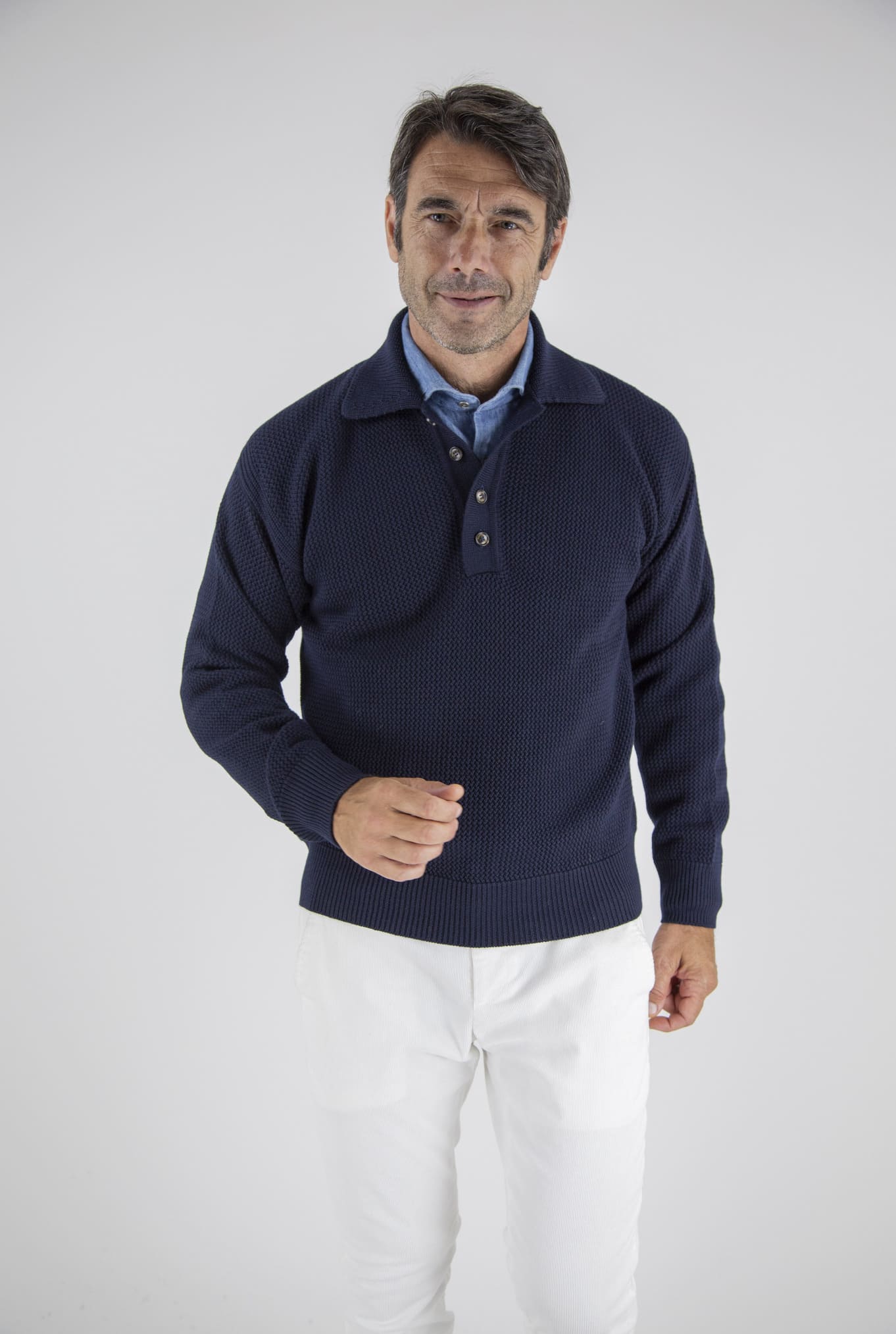 PIACENZA CASHMERE Polo in Maglia Maniche Lunghe Blu Navy