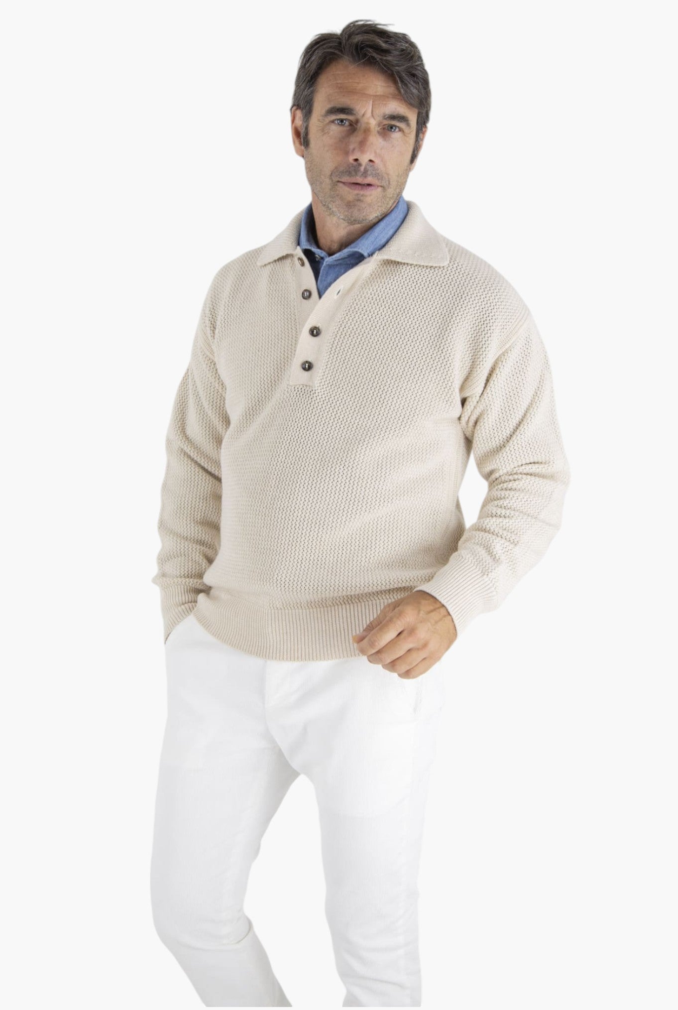 PIACENZA CASHMERE Polo in Maglia Maniche Lunghe Bianco Panna