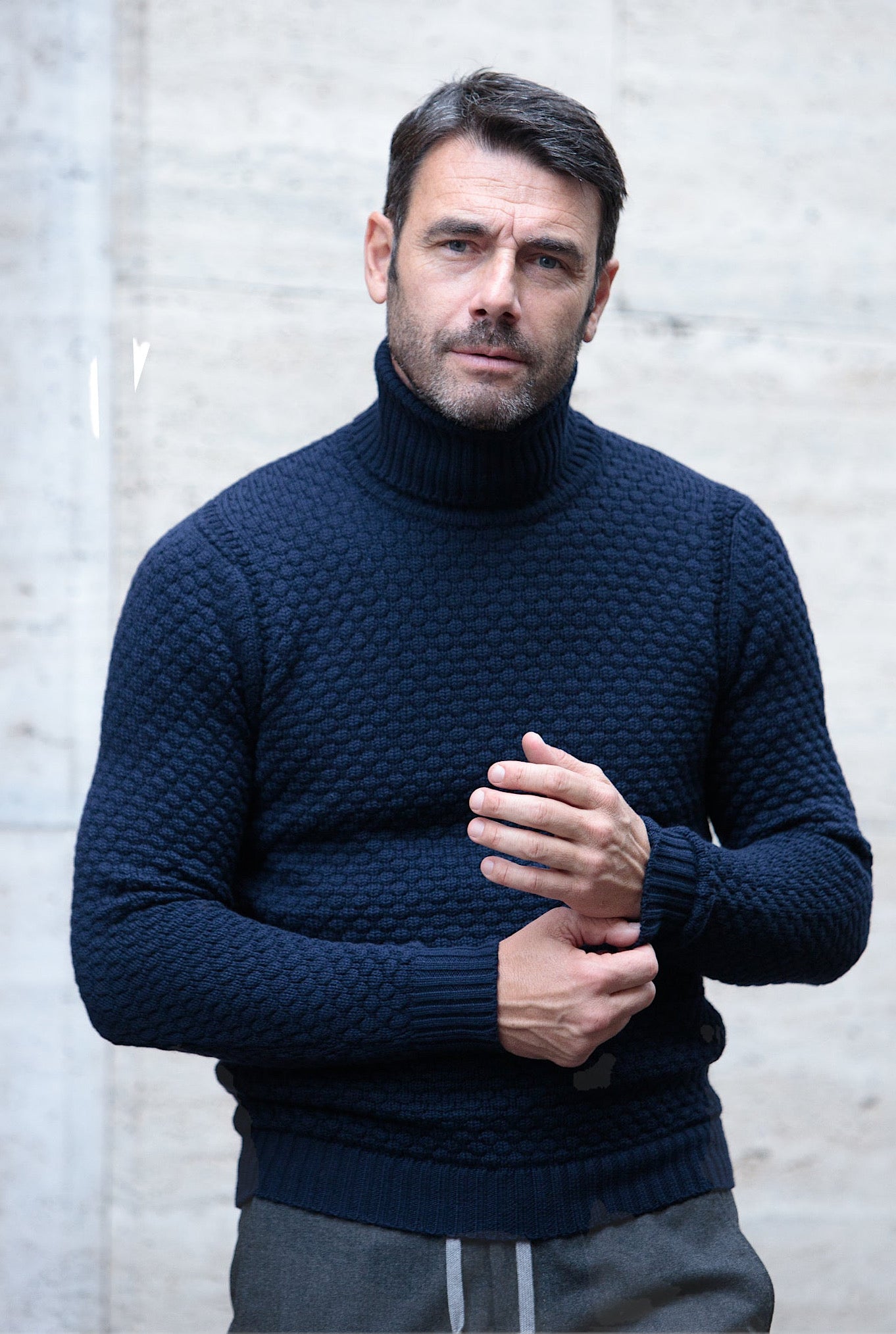 Turtleneck mod. Hubbel Honeycomb Merino Wool Navy Blue