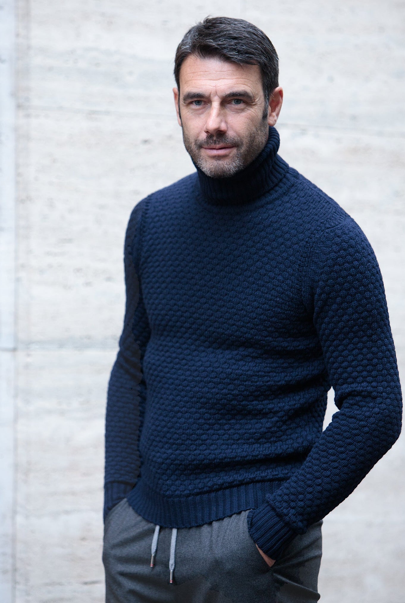 Turtleneck mod. Hubbel Honeycomb Merino Wool Navy Blue