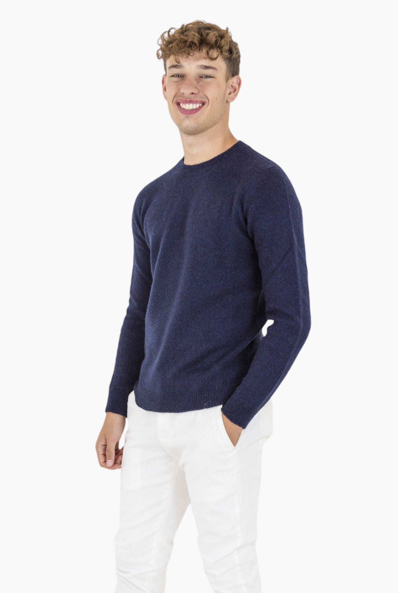 ROBERTO COLLINA Crewneck Merino Wool Baby Camel Navy Blue