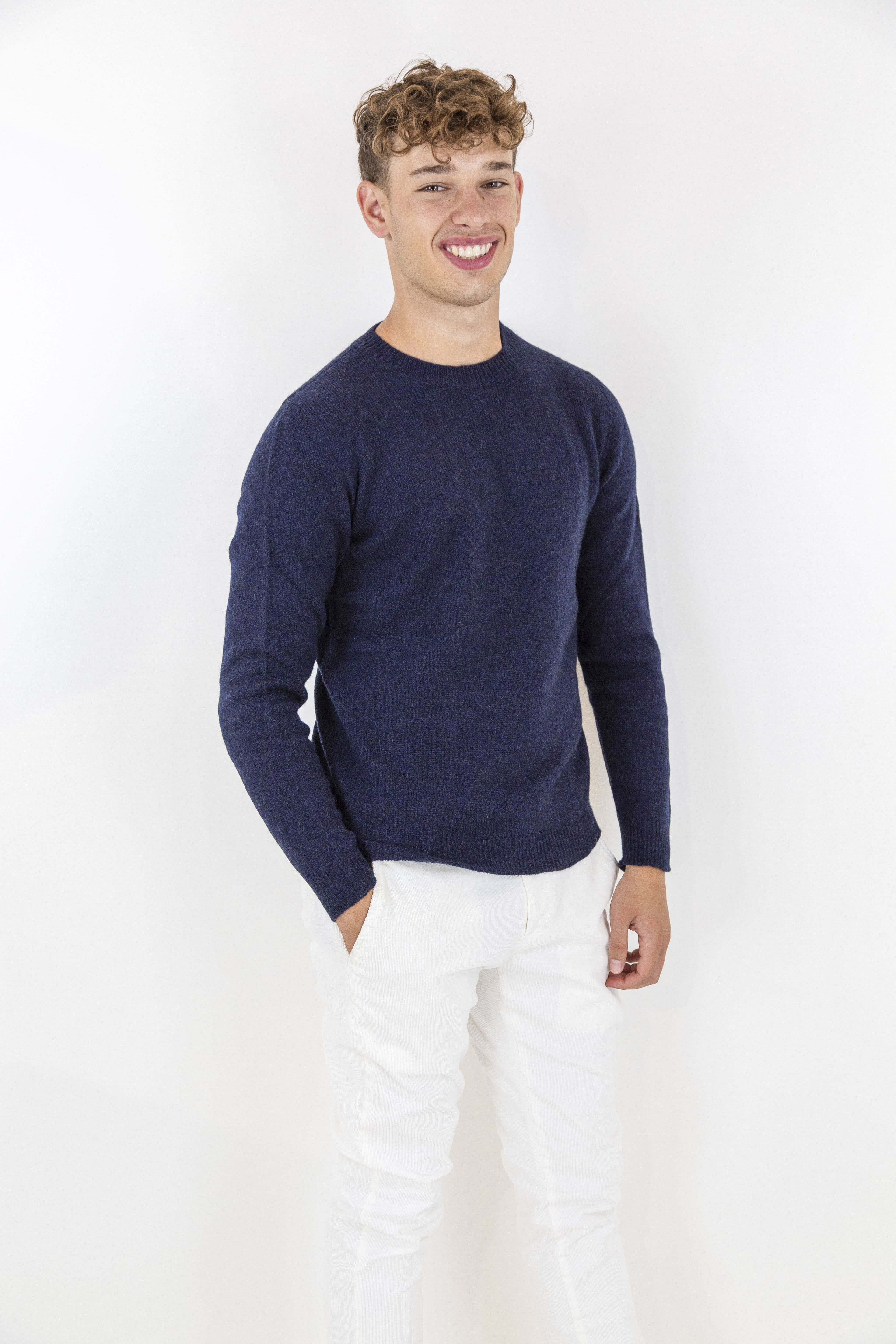 ROBERTO COLLINA Crewneck Merino Wool Baby Camel Navy Blue