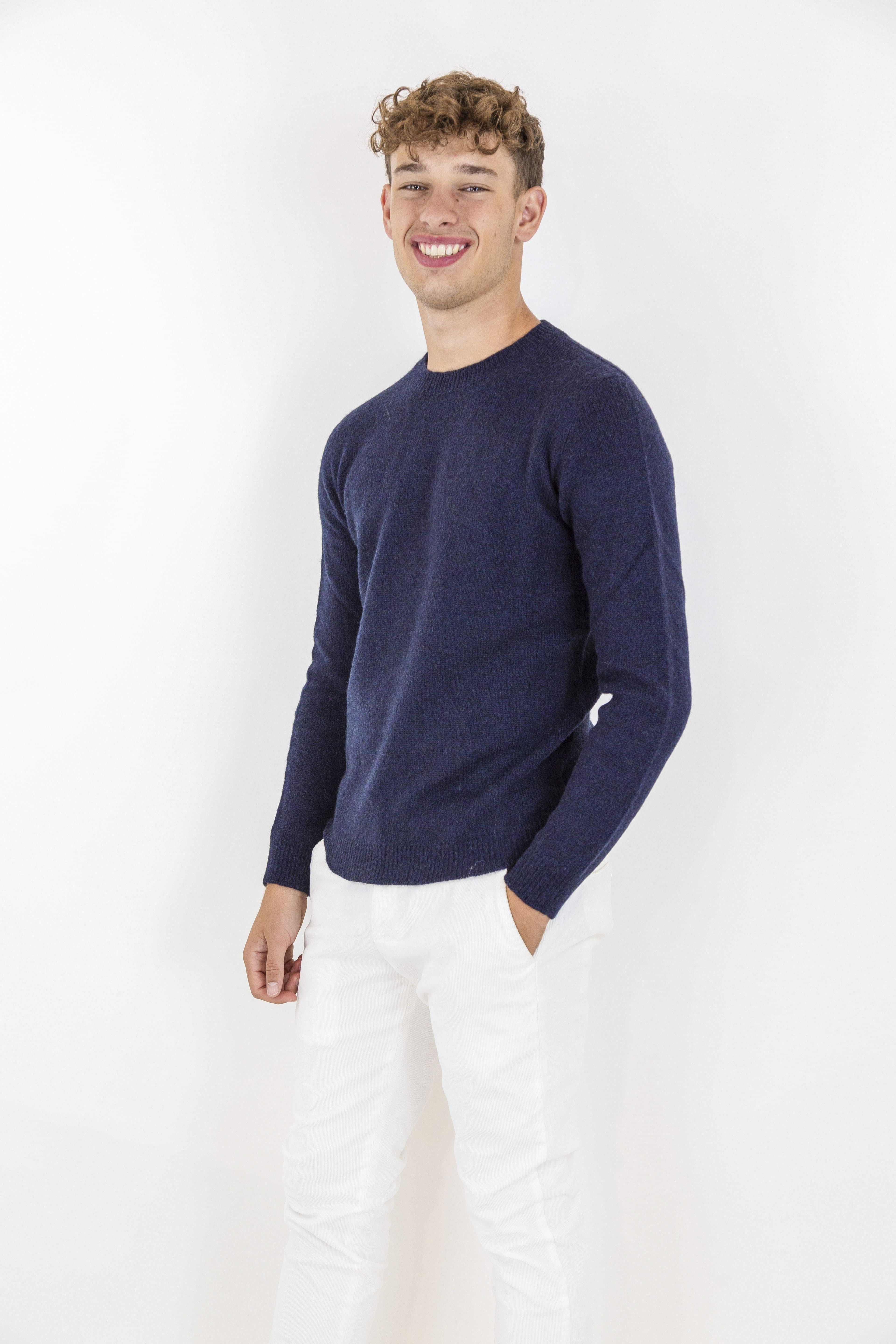 ROBERTO COLLINA Crewneck Merino Wool Baby Camel Navy Blue