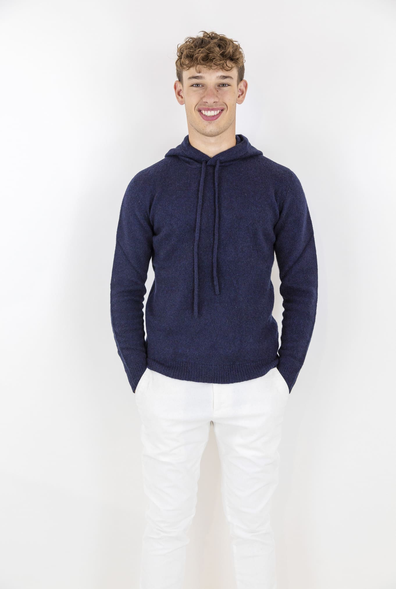 ROBERTO COLLINA Navy Blue Hooded Sweatshirt Merino Wool Baby Camel