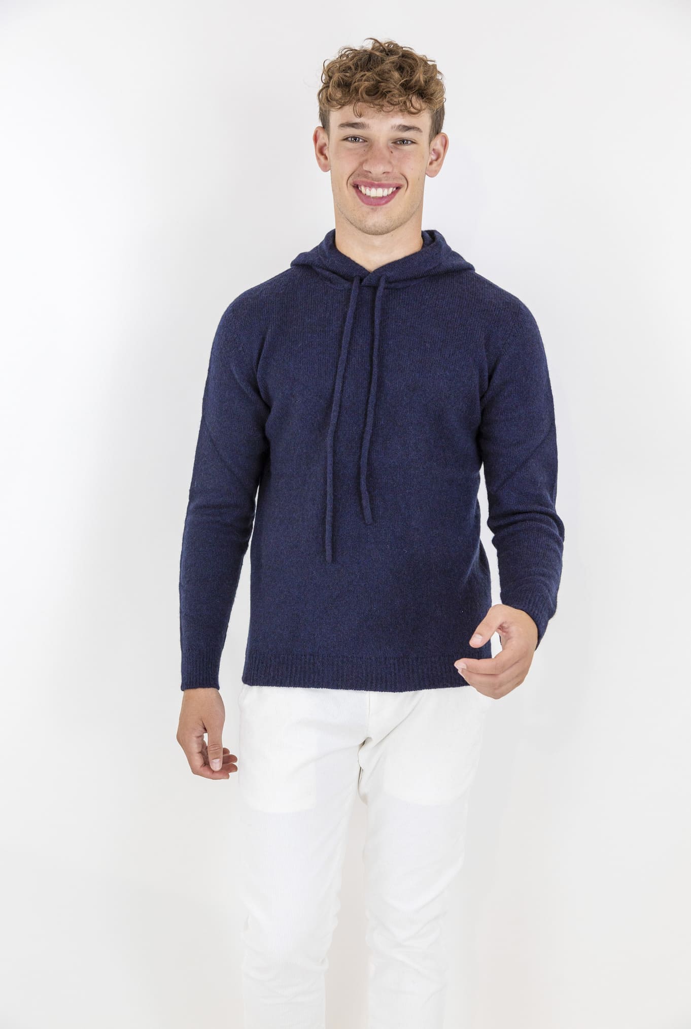 ROBERTO COLLINA Navy Blue Hooded Sweatshirt Merino Wool Baby Camel