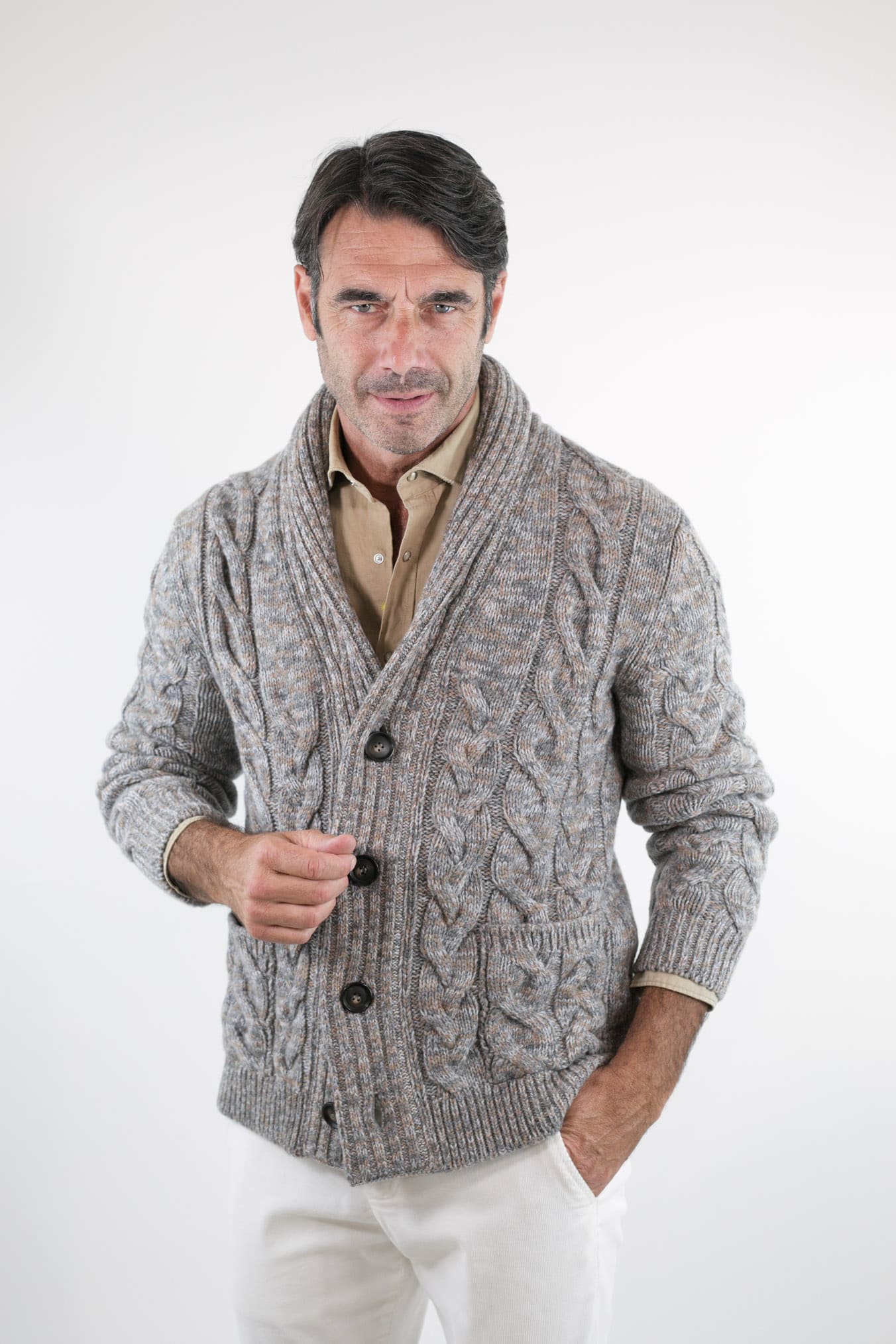 SETTEFILI CASHMERE Cardigan Trecce Lana Cashmere Mélange Grigio