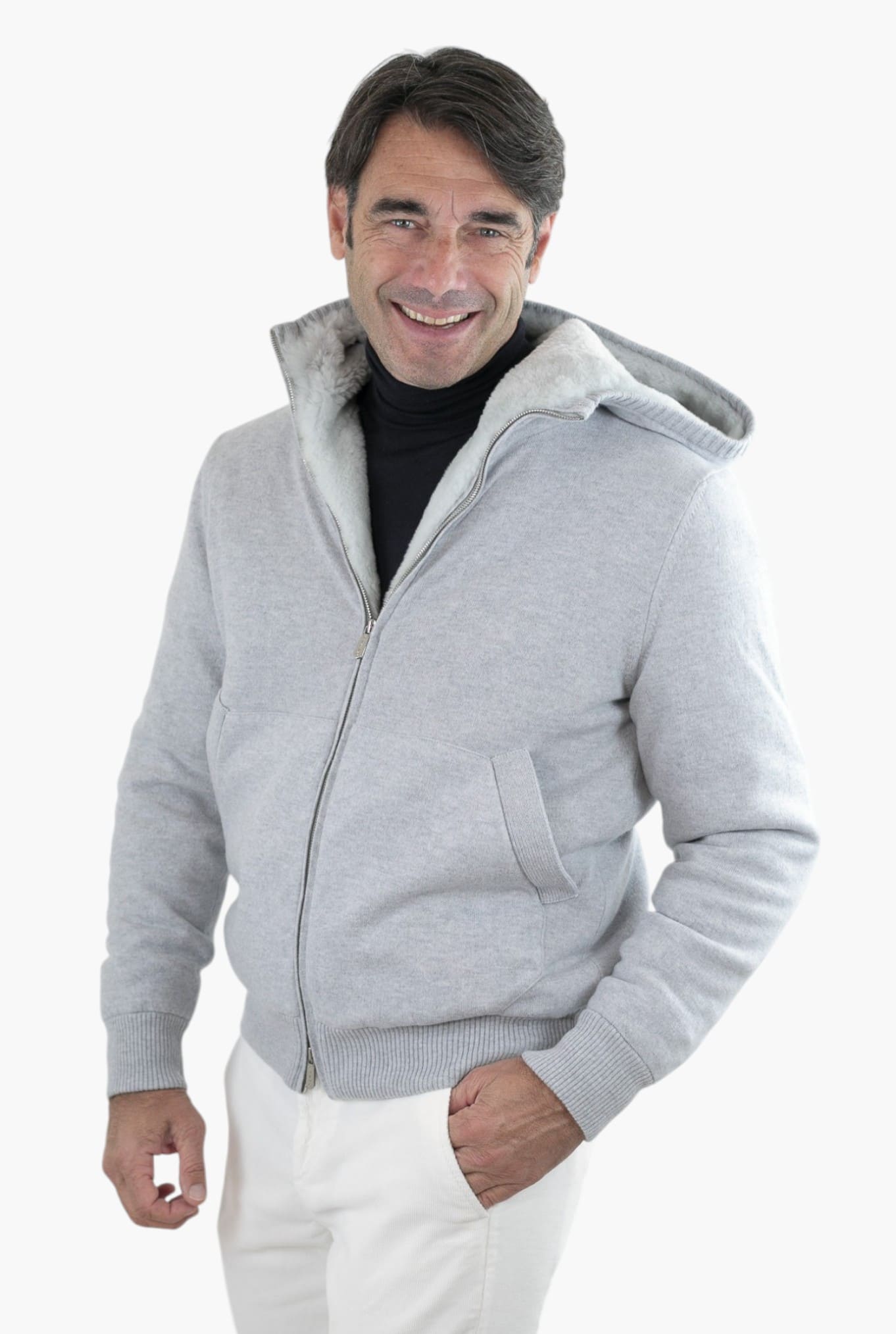 Bomber con Cappuccio in Cashmere e Castorino Grigio Perla