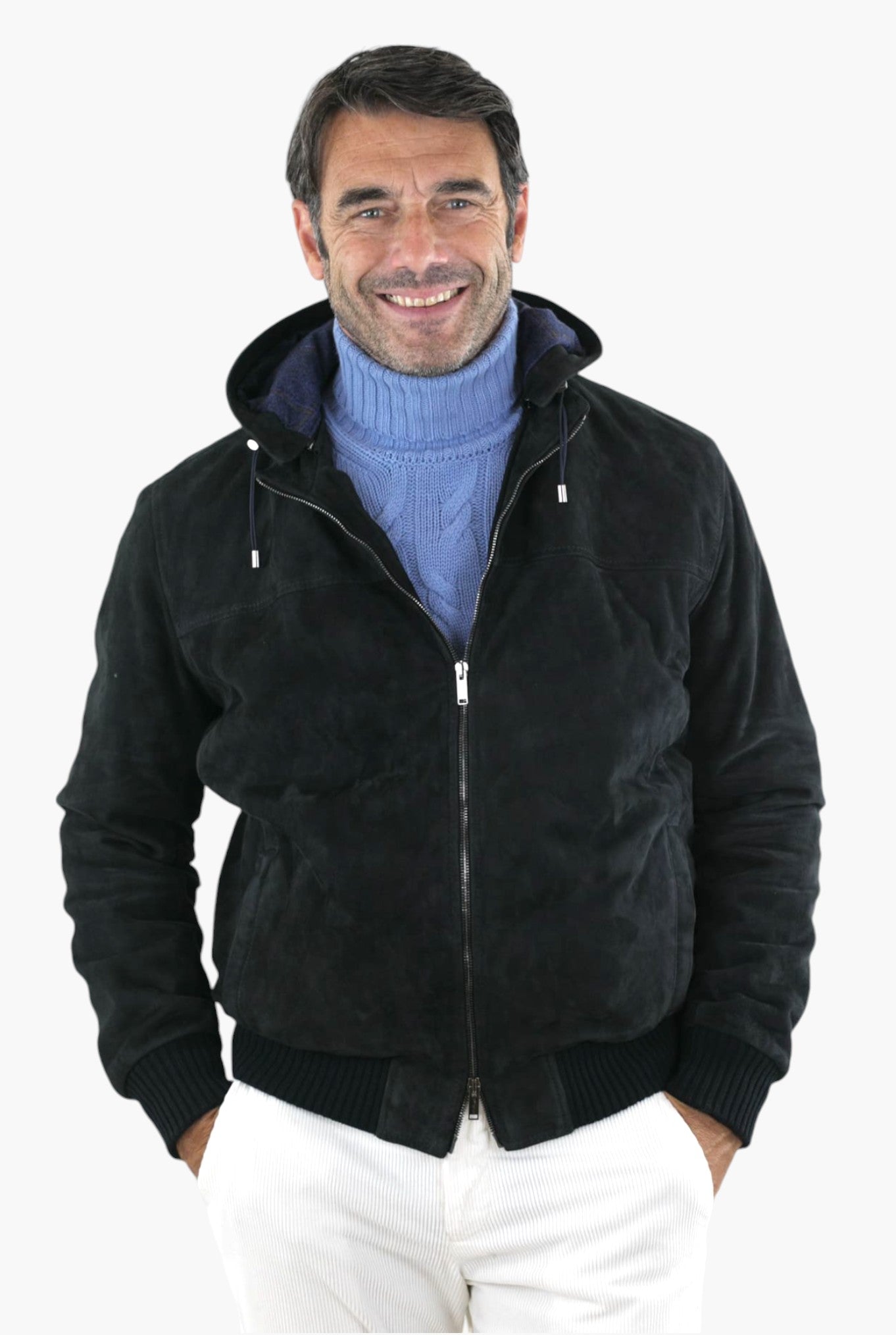 Giubbino Suede Blu con Cappuccio Tessuto Loro Piana