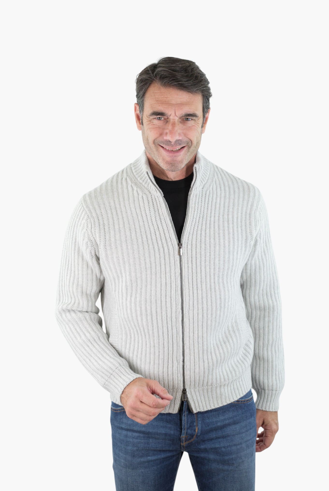 BRAMANI Cardigan Full Zip Cashmere Windstopper Grigio Perla