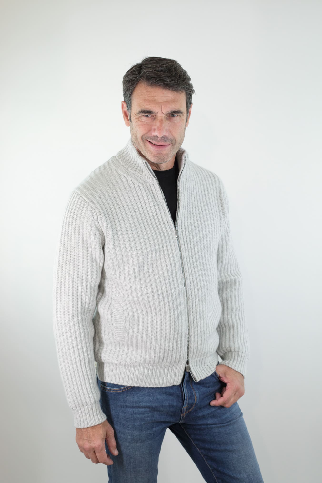 BRAMANI Cardigan Full Zip Cashmere Windstopper Grigio Perla