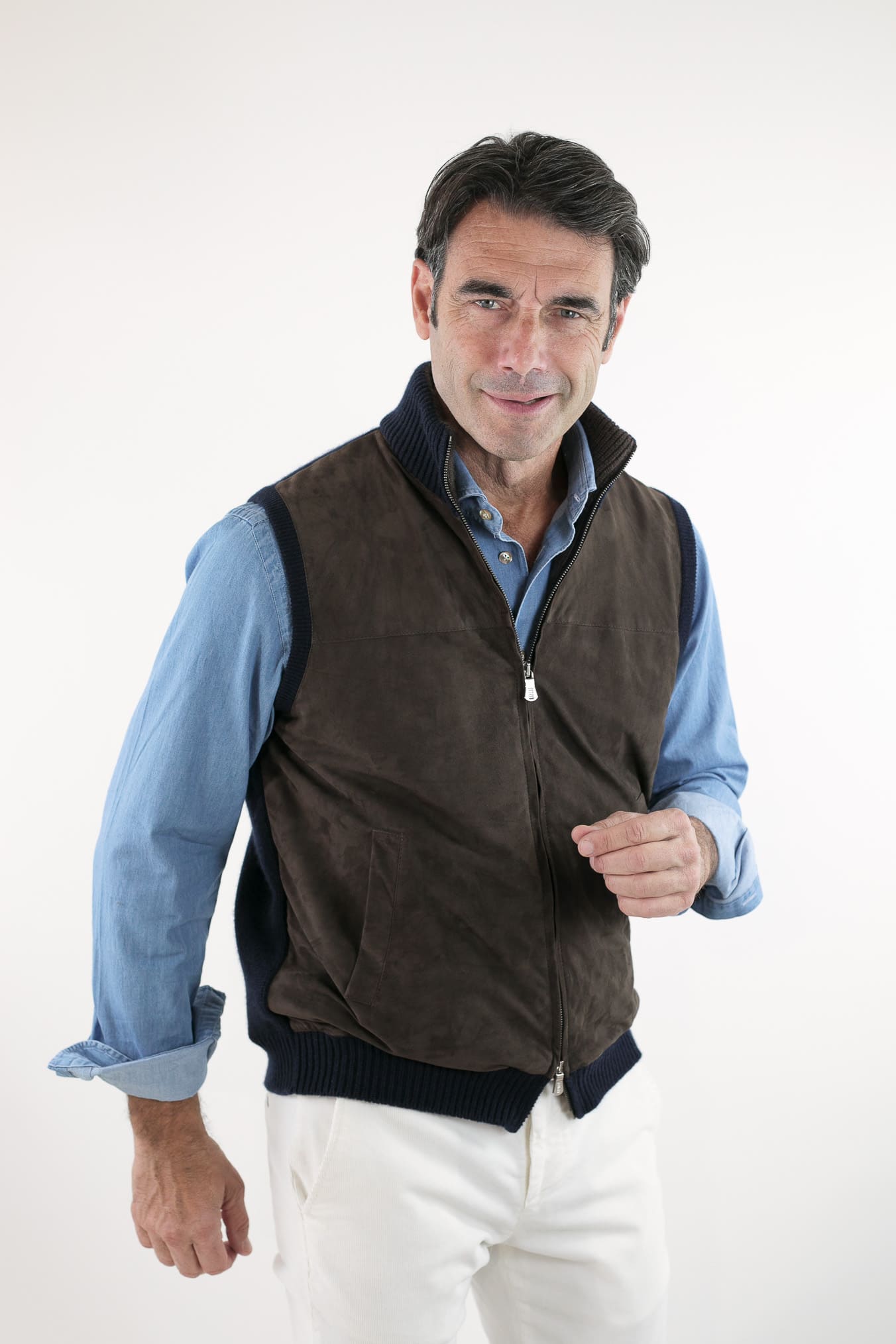 FEDELI Gilet Cashmere e Suede Testa di Moro/Blu