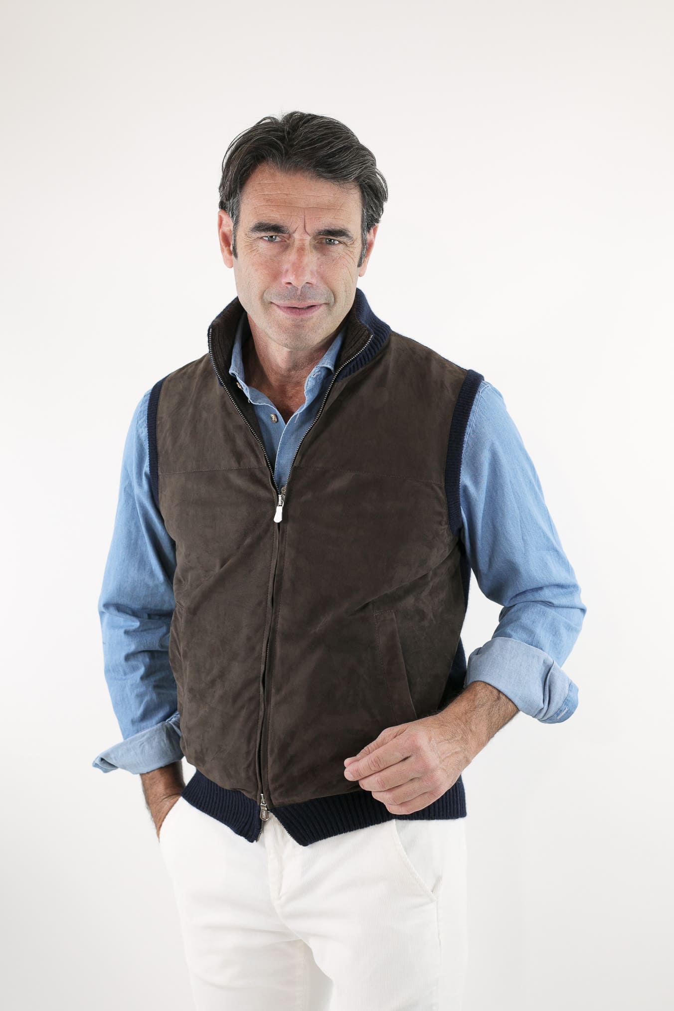 FEDELI Gilet Cashmere e Suede Testa di Moro/Blu