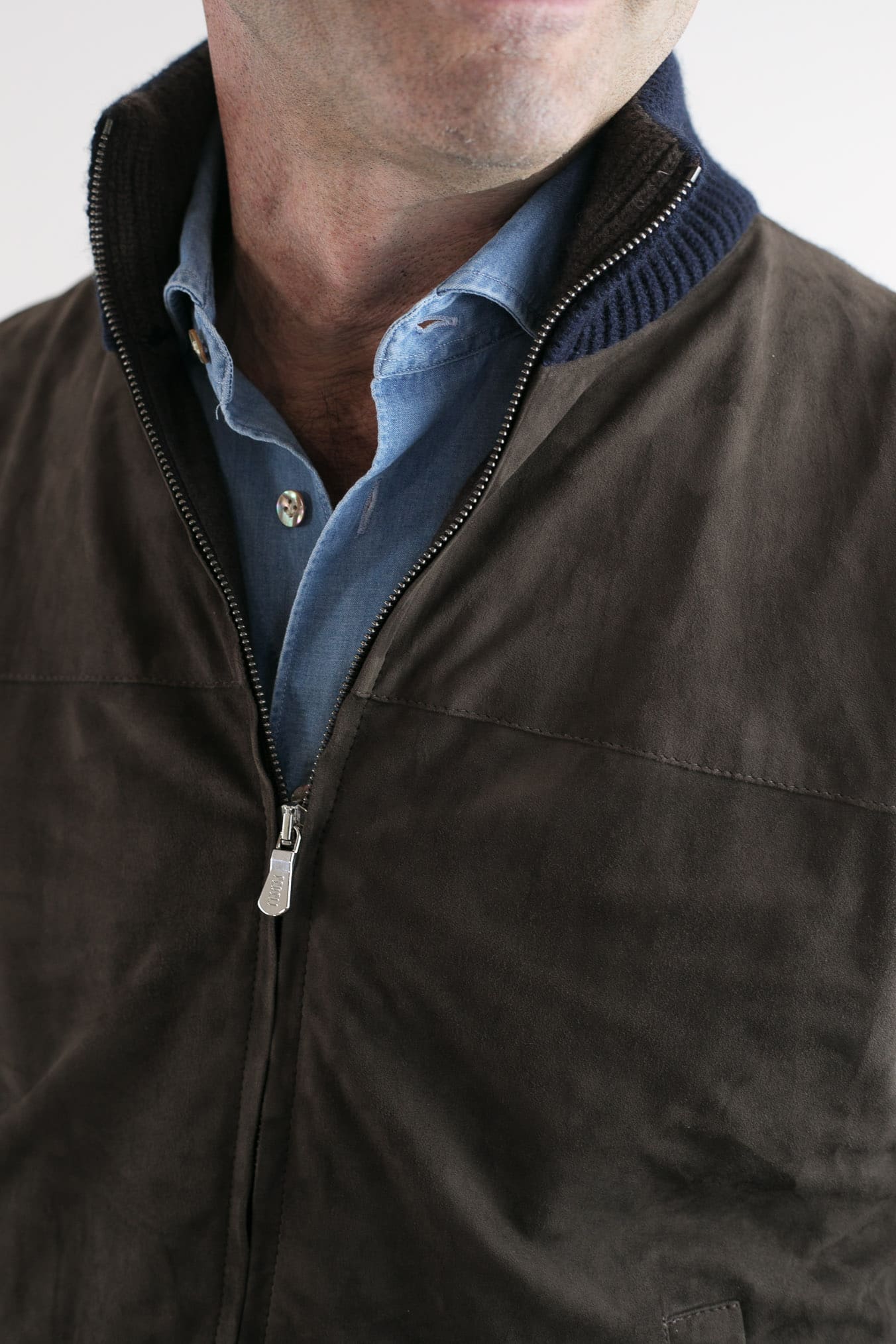 FEDELI Gilet Cashmere e Suede Testa di Moro/Blu