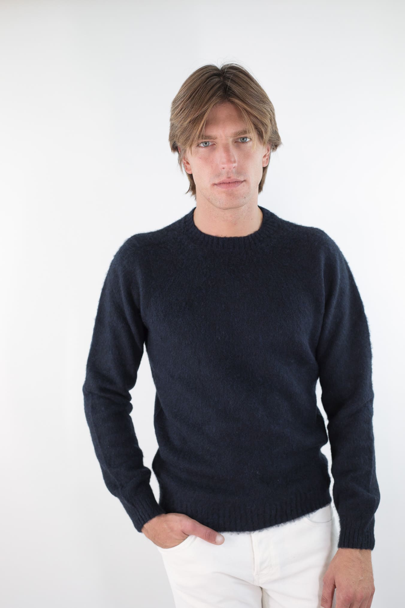 FINAMORE Girocollo "Jesolo" Cashmere Corsehair Loro Piana Blu