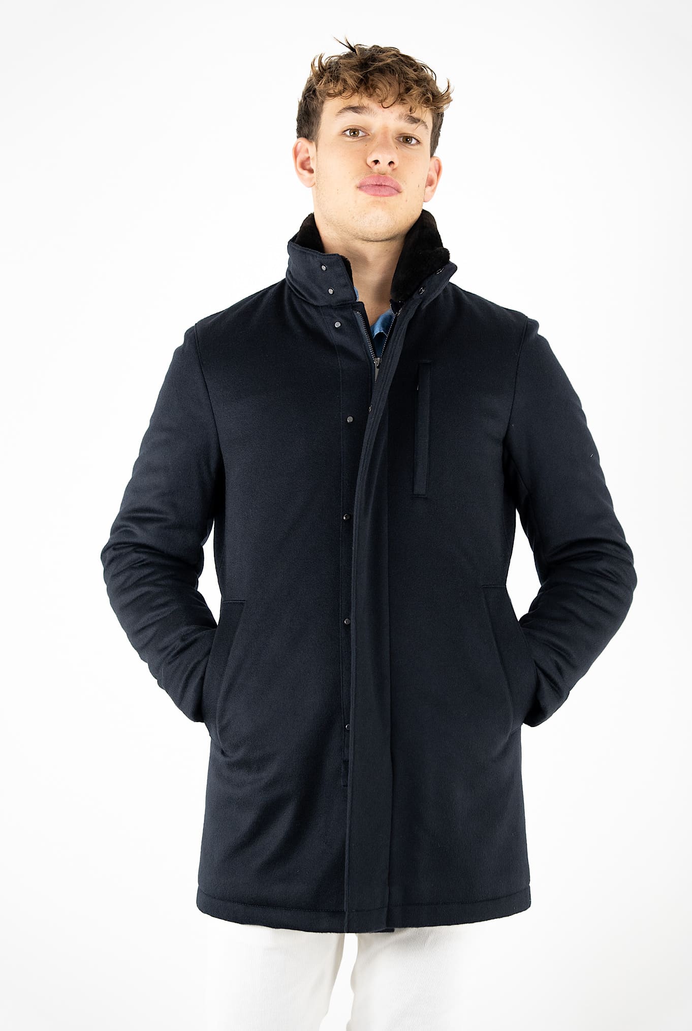 GUARINO Giaccone Cashmere Castorino Removibile Blu Scuro