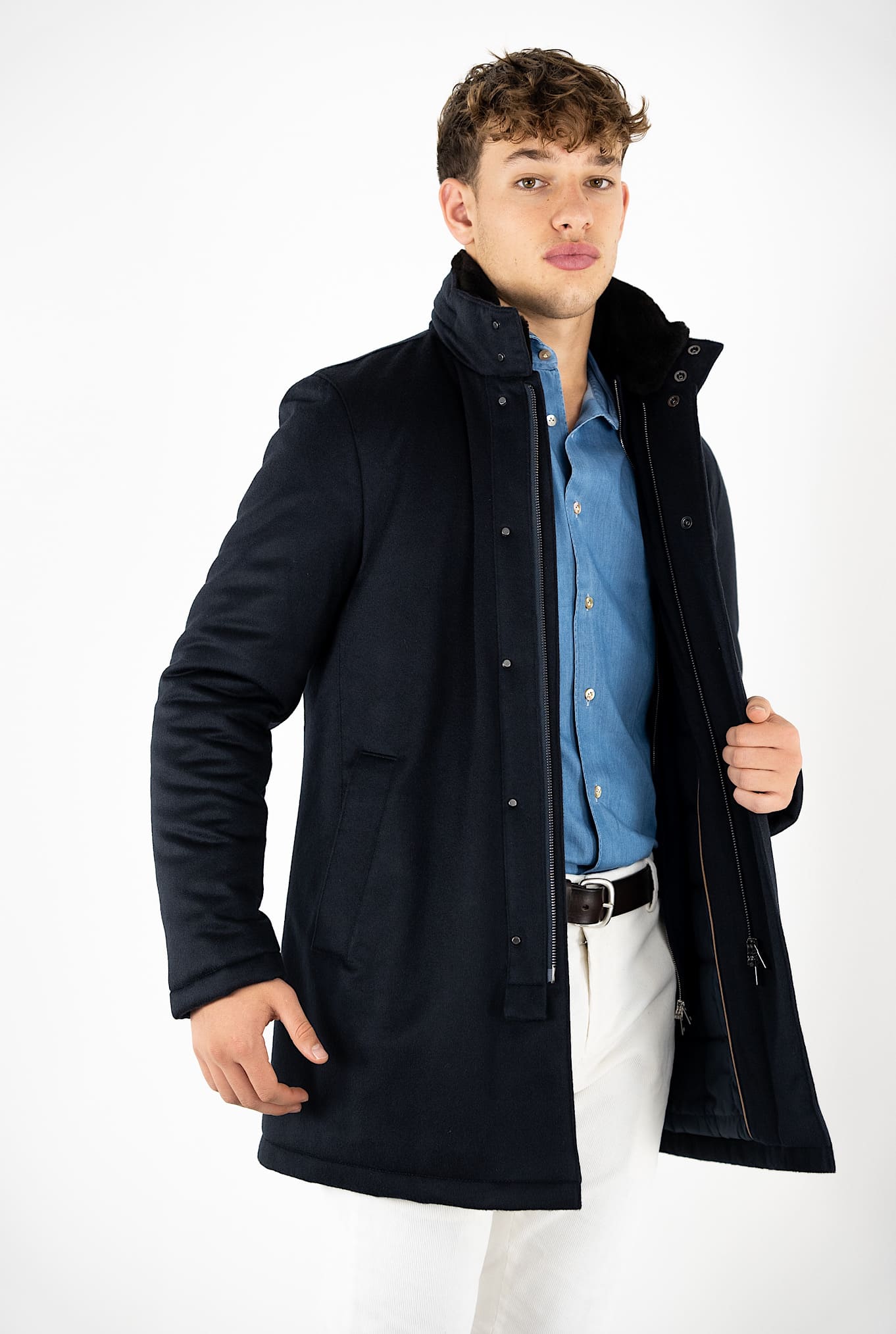 GUARINO Giaccone Cashmere Castorino Removibile Blu Scuro