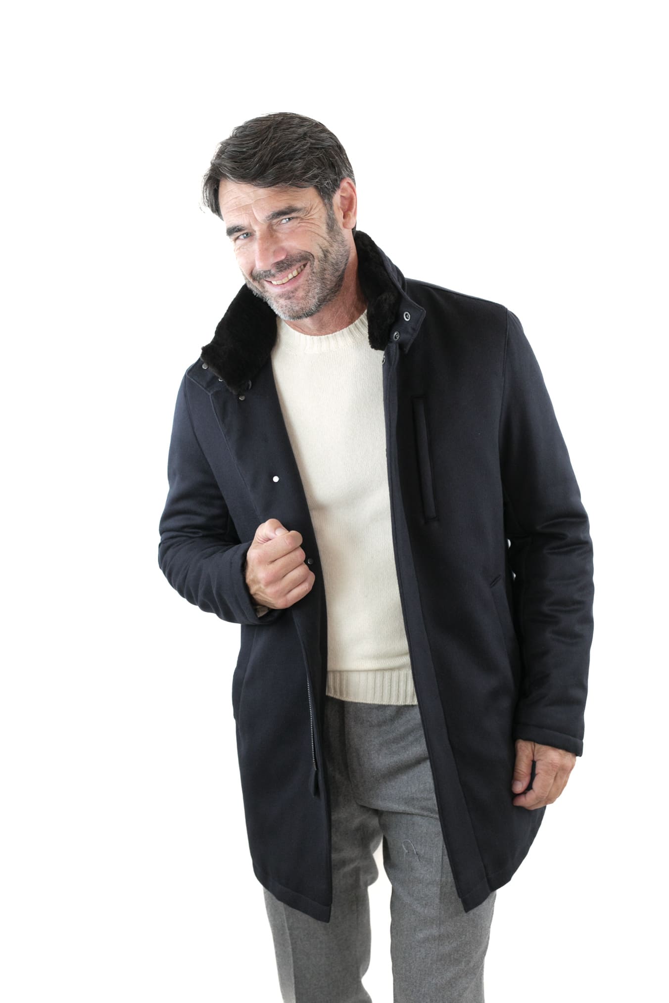 GUARINO Giaccone Cashmere Castorino Removibile Blu Scuro