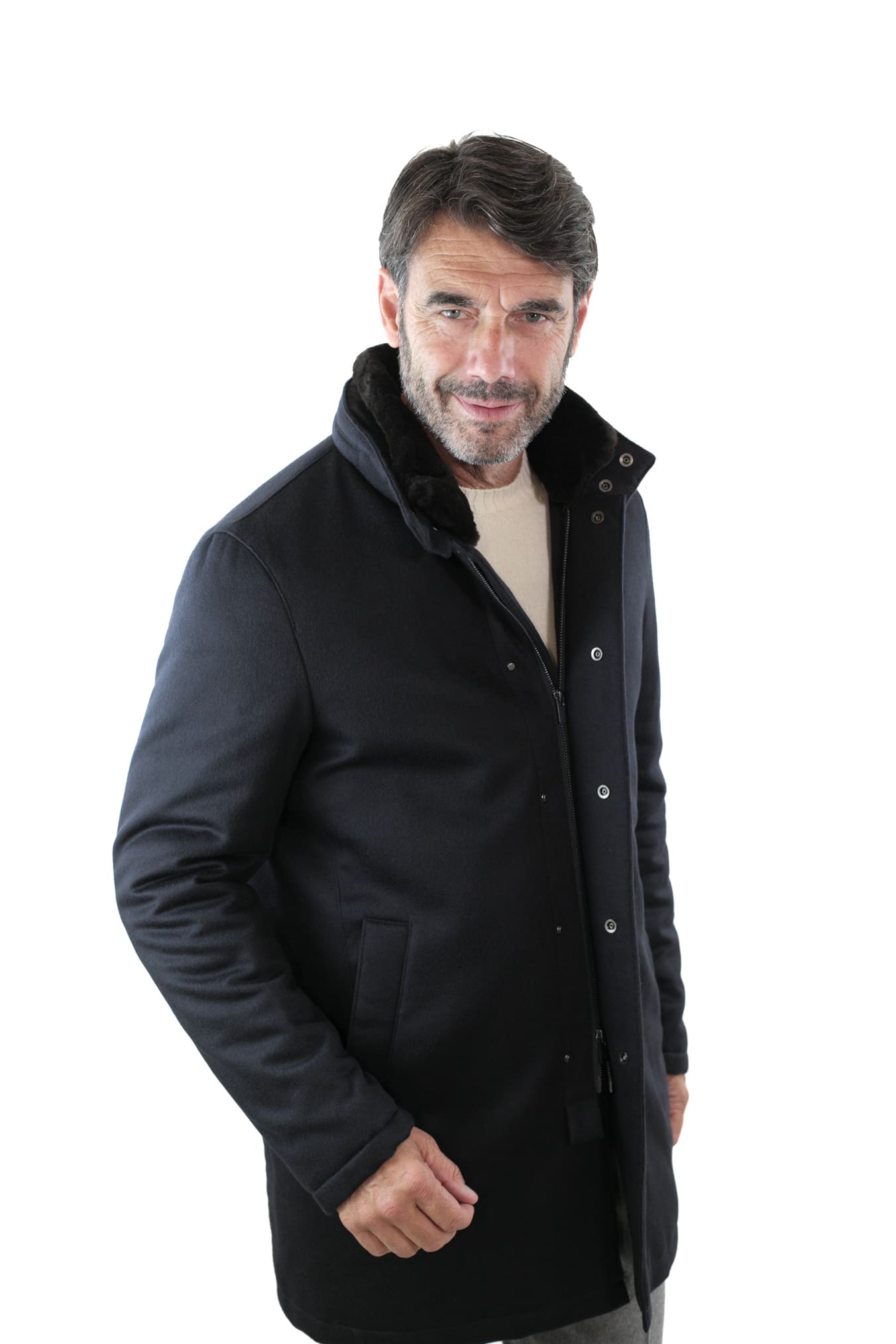 GUARINO Giaccone Cashmere Castorino Removibile Blu Scuro