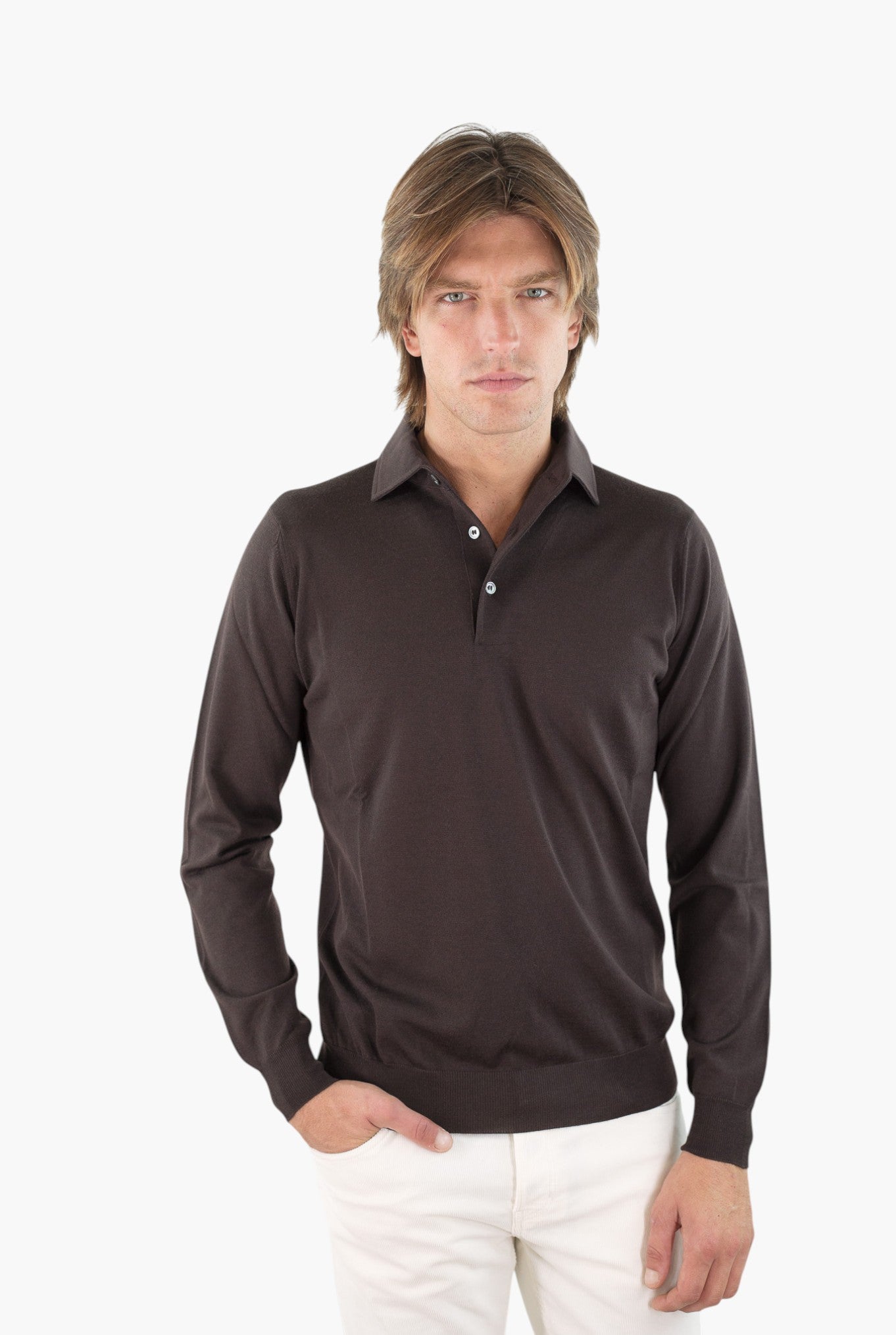 GUARINO Polo Collo Camicia Merinos 120's Caffè
