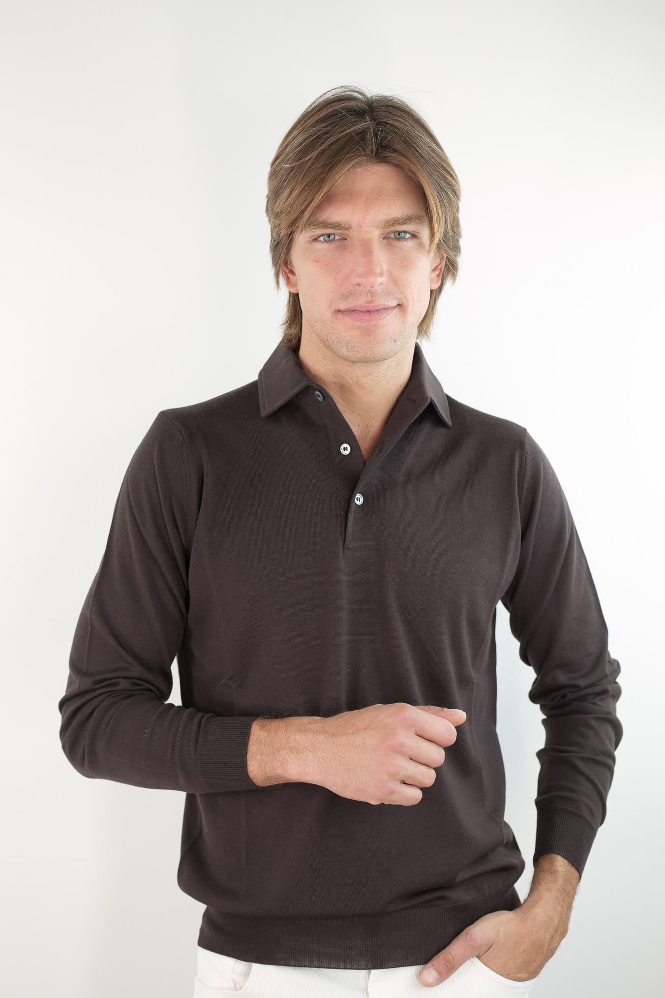 GUARINO Polo Collo Camicia Merinos 120's Caffè