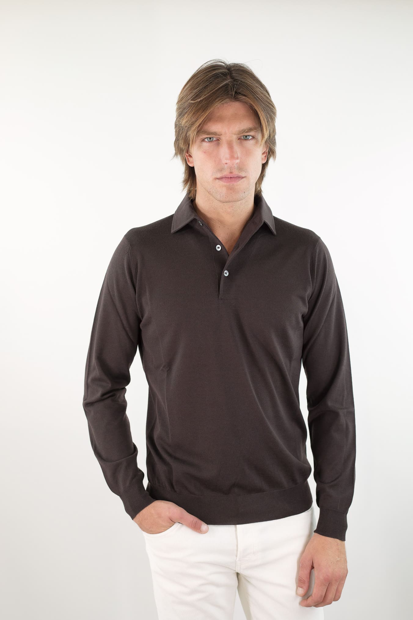 GUARINO Polo Collo Camicia Merinos 120's Caffè