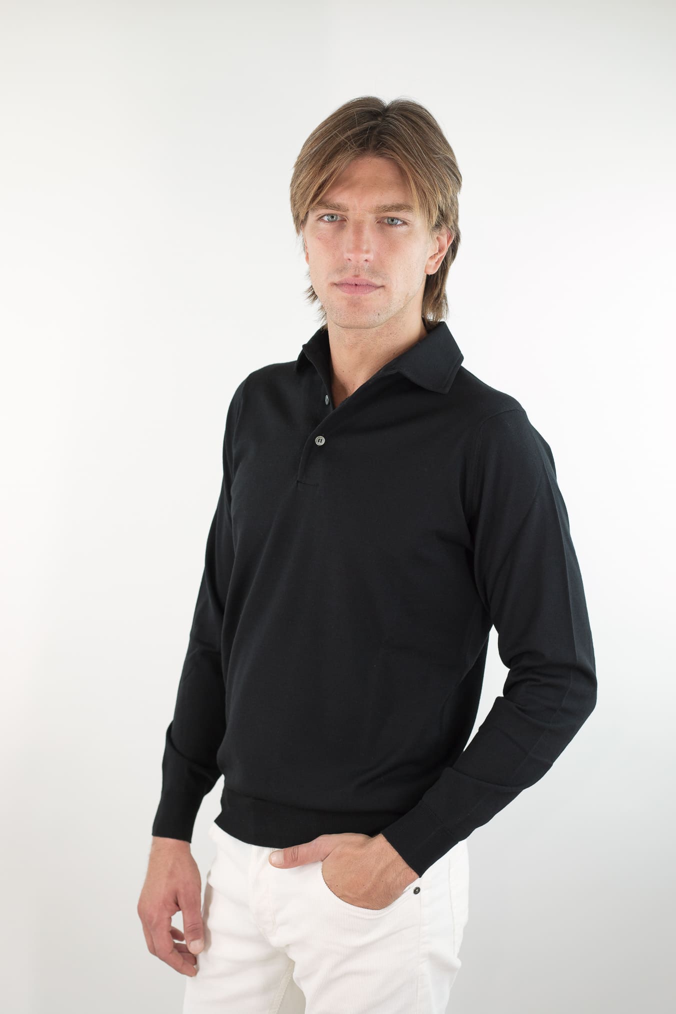 GUARINO Polo Collo Camicia Merinos 120's Nero