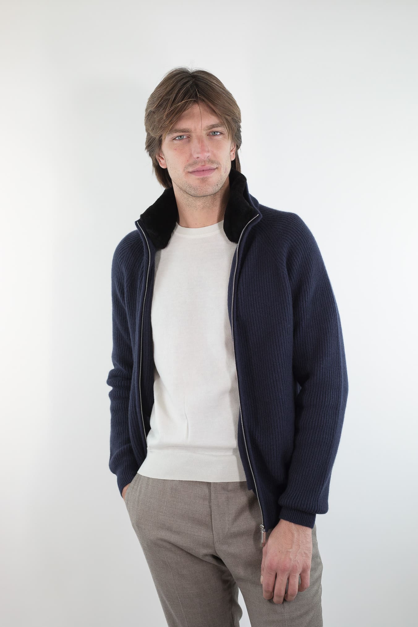 PASHMERE Maglia Full Zip Cashmere Castorino Blu Navy