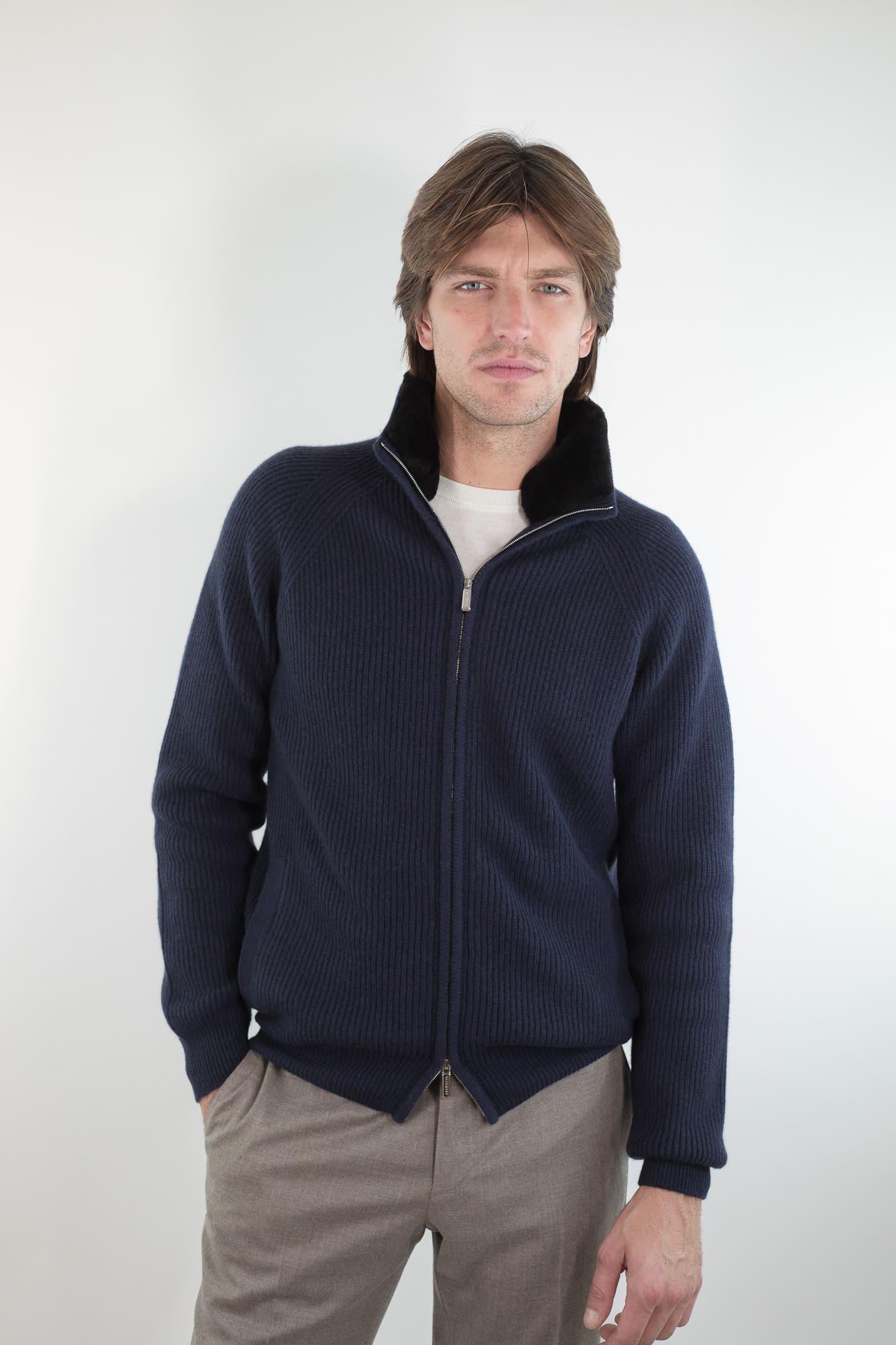 PASHMERE Maglia Full Zip Cashmere Castorino Blu Navy