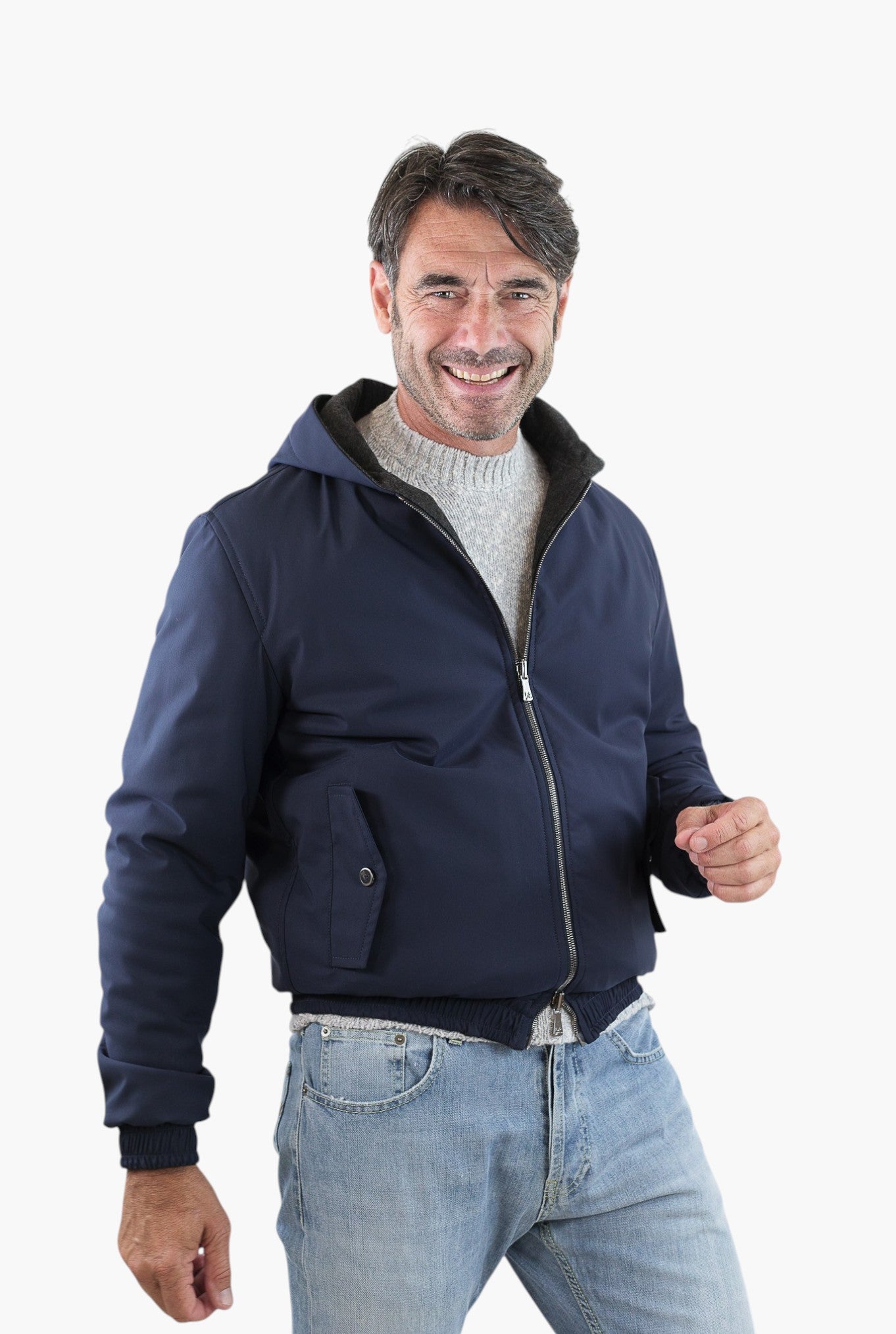 ISAIA Giubbino Reversibile Cappuccio Blu/Grigio