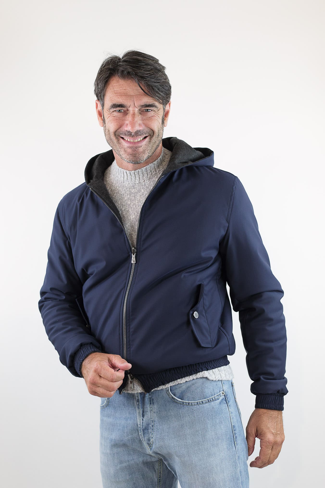 ISAIA Giubbino Reversibile Cappuccio Blu/Grigio