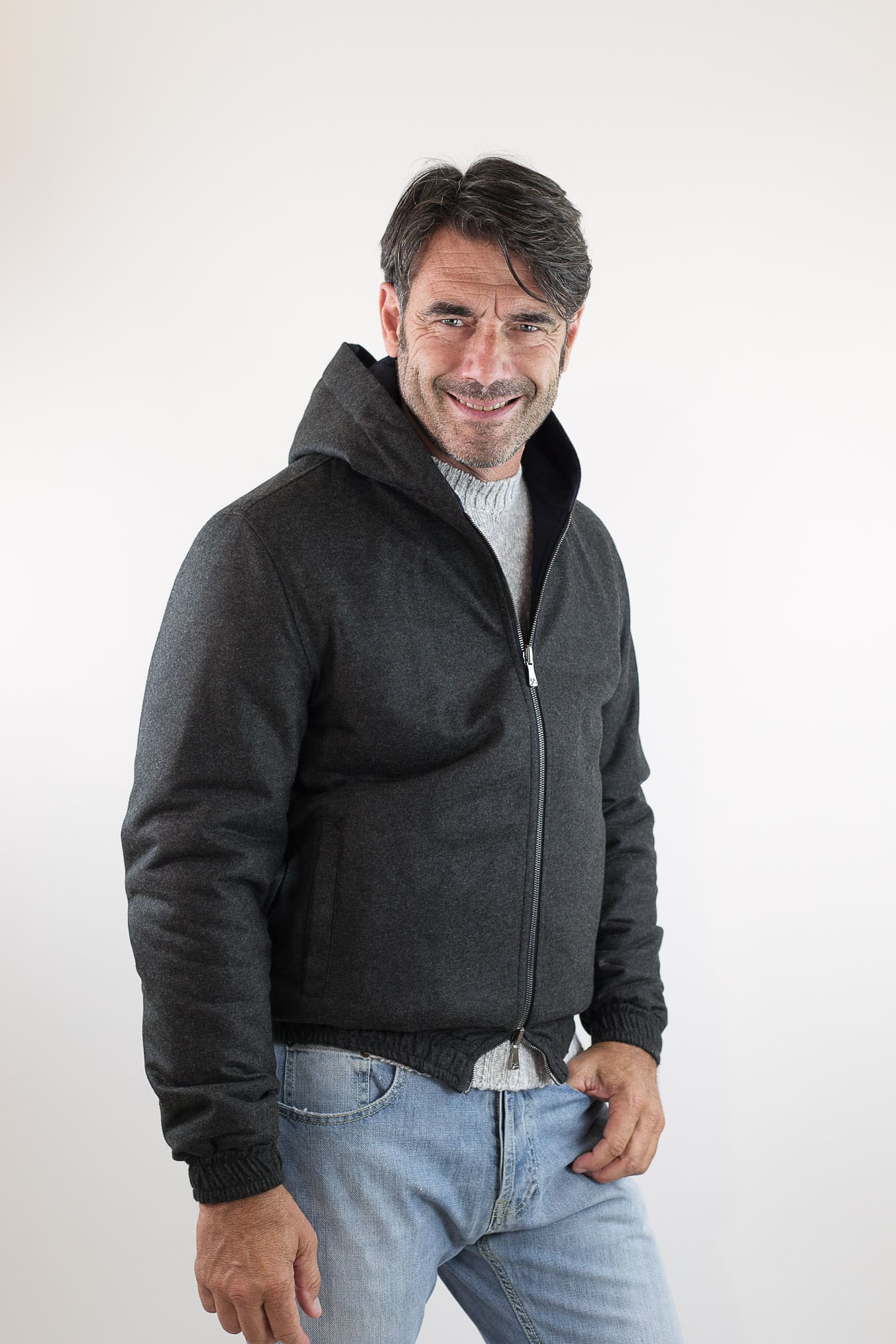 ISAIA Giubbino Reversibile Cappuccio Blu/Grigio