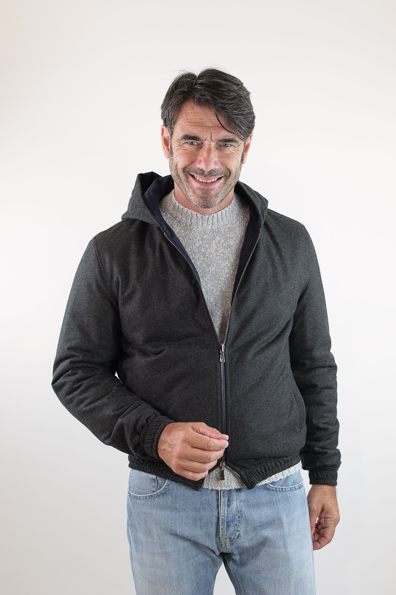 ISAIA Giubbino Reversibile Cappuccio Blu/Grigio