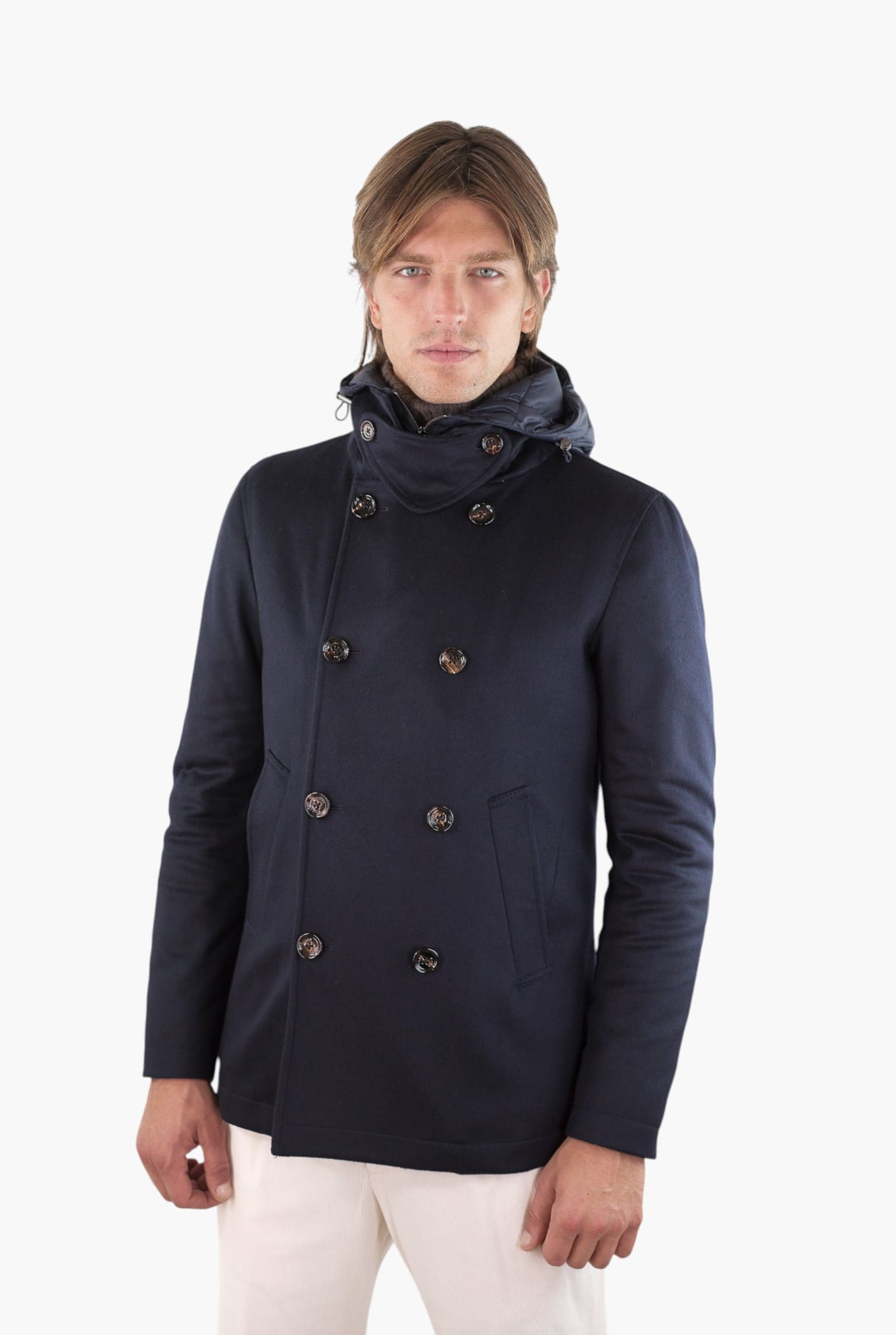 KIRED Giaccone Cashmere Doppiopetto "Jannu" Blu Cappuccio