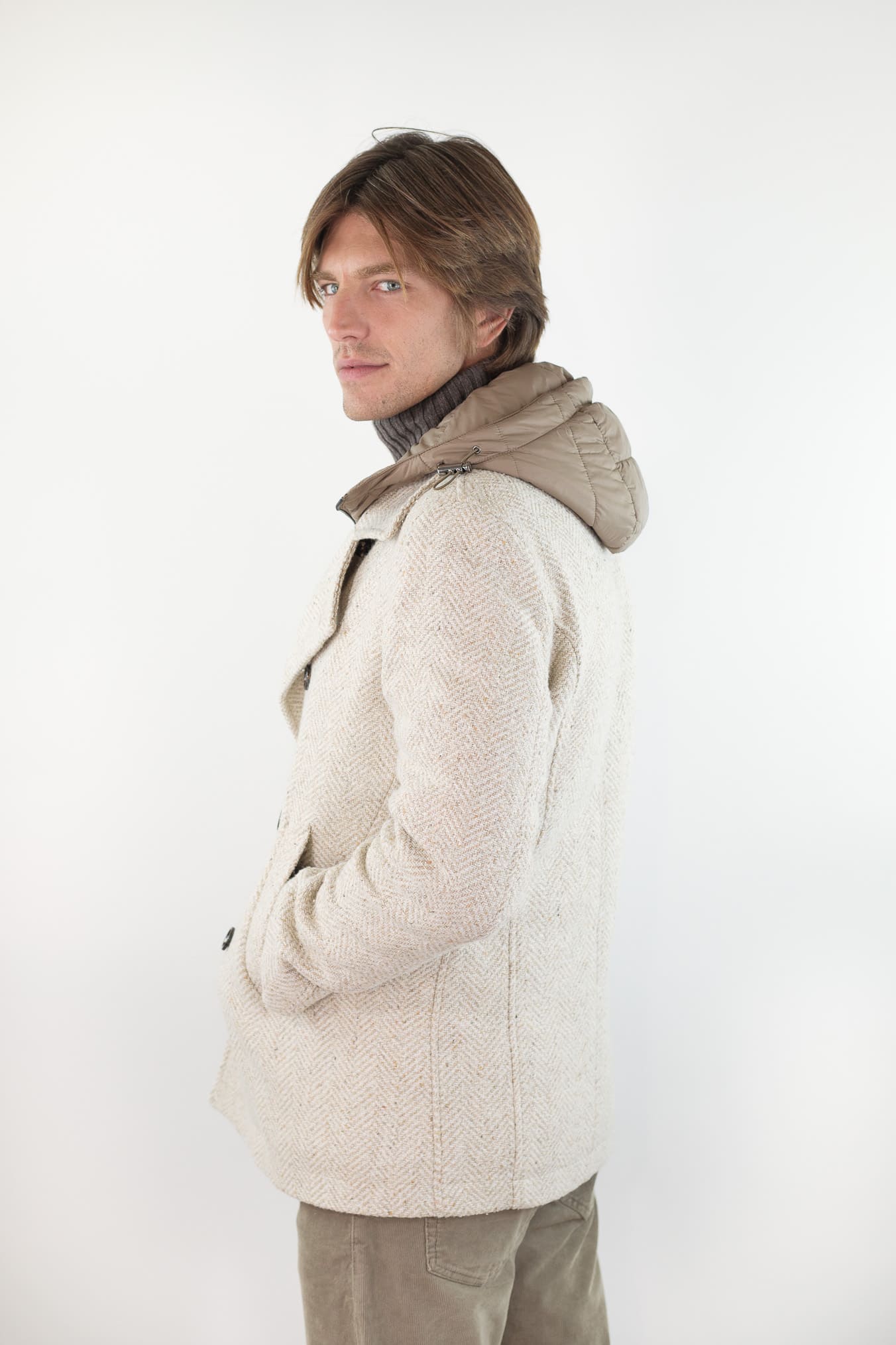 KIRED Giaccone Chevron Doppiopetto "Jannu" Beige Cappuccio