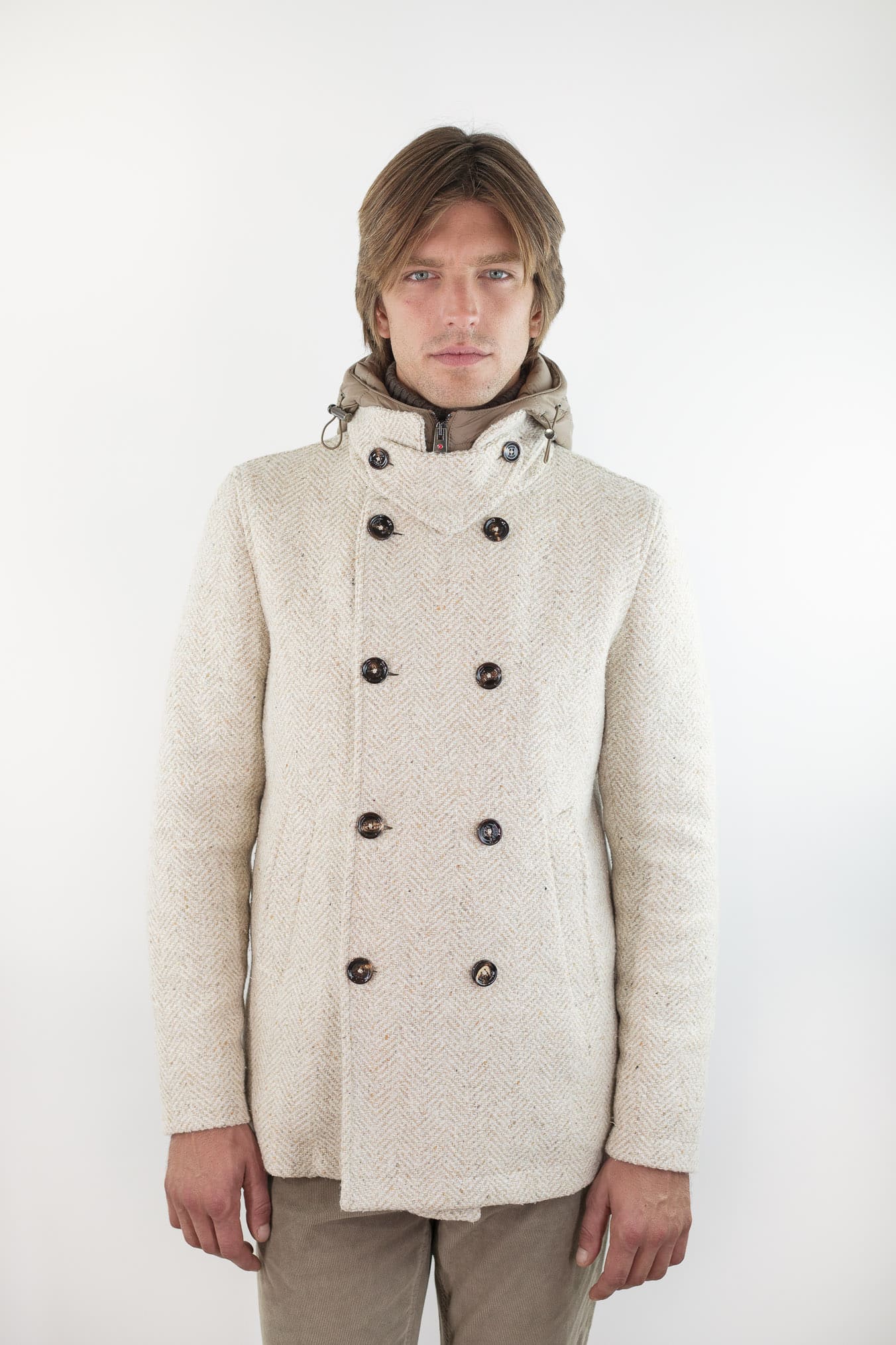 KIRED Giaccone Chevron Doppiopetto "Jannu" Beige Cappuccio