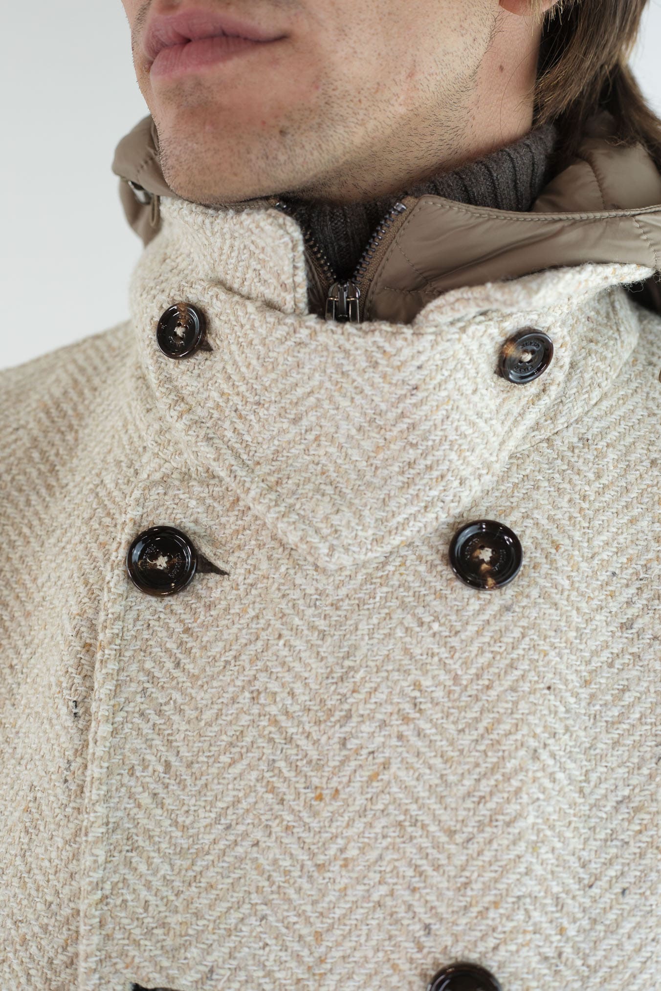 KIRED Giaccone Chevron Doppiopetto "Jannu" Beige Cappuccio