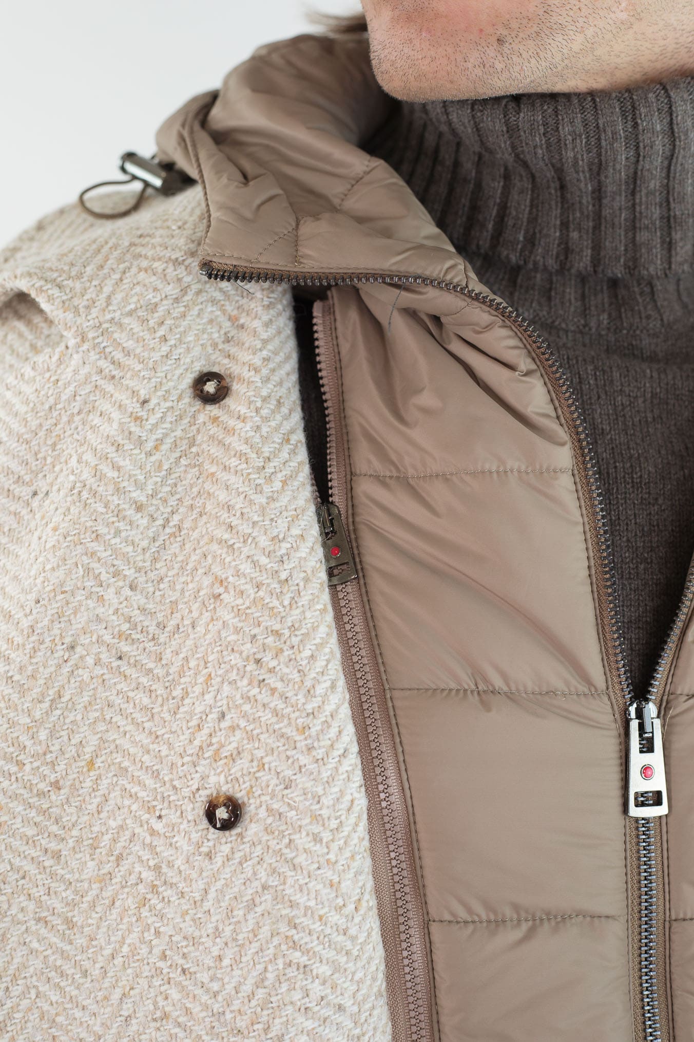 KIRED Giaccone Chevron Doppiopetto "Jannu" Beige Cappuccio