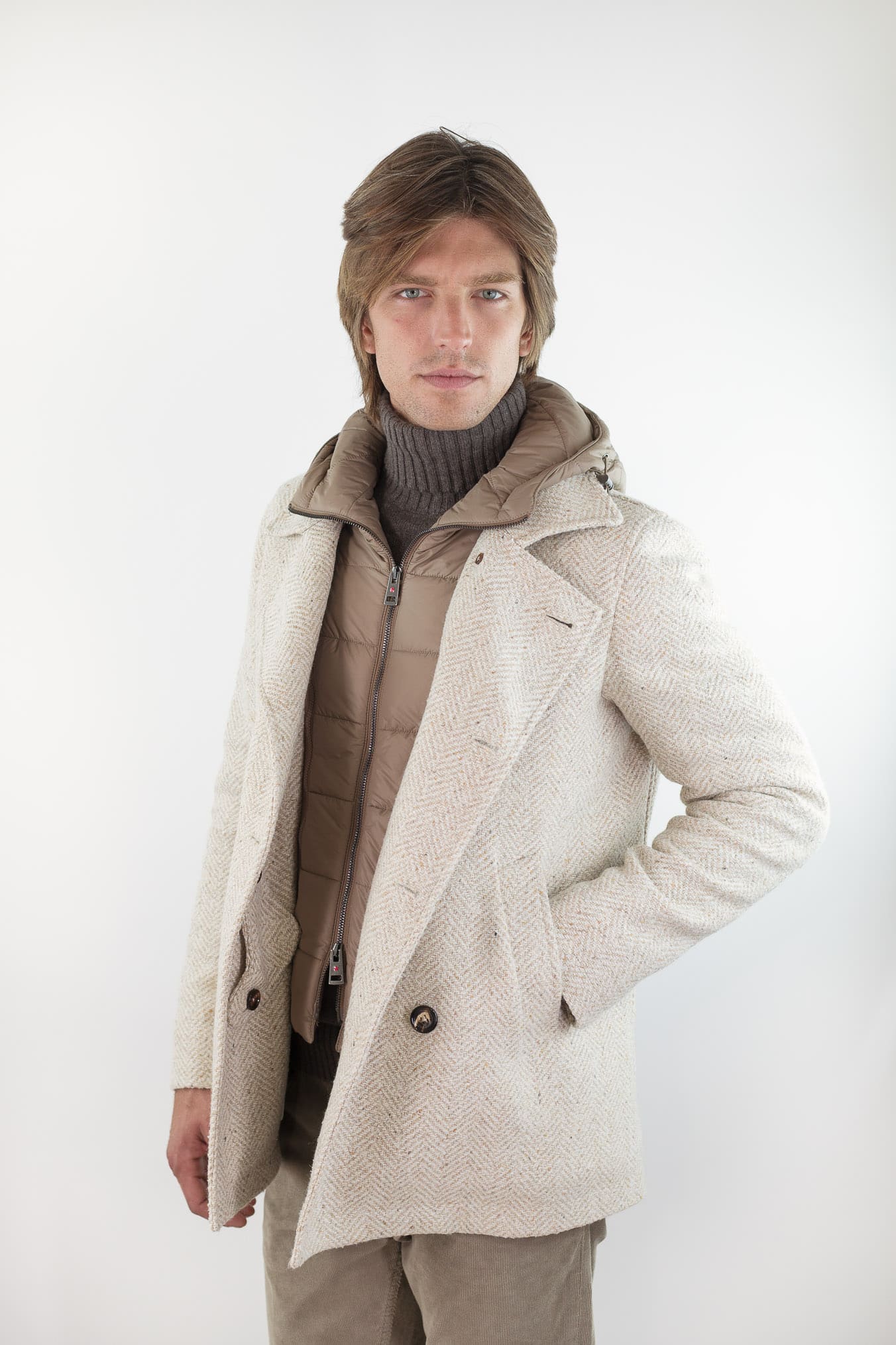 KIRED Giaccone Chevron Doppiopetto "Jannu" Beige Cappuccio