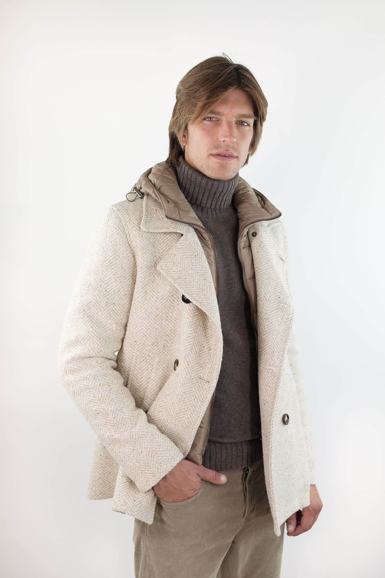 KIRED Giaccone Chevron Doppiopetto "Jannu" Beige Cappuccio