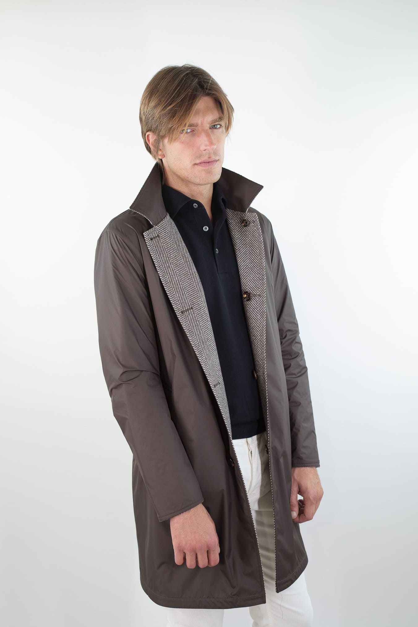 KIRED Cappotto Reversibile Spigato Impermeabile Marrone