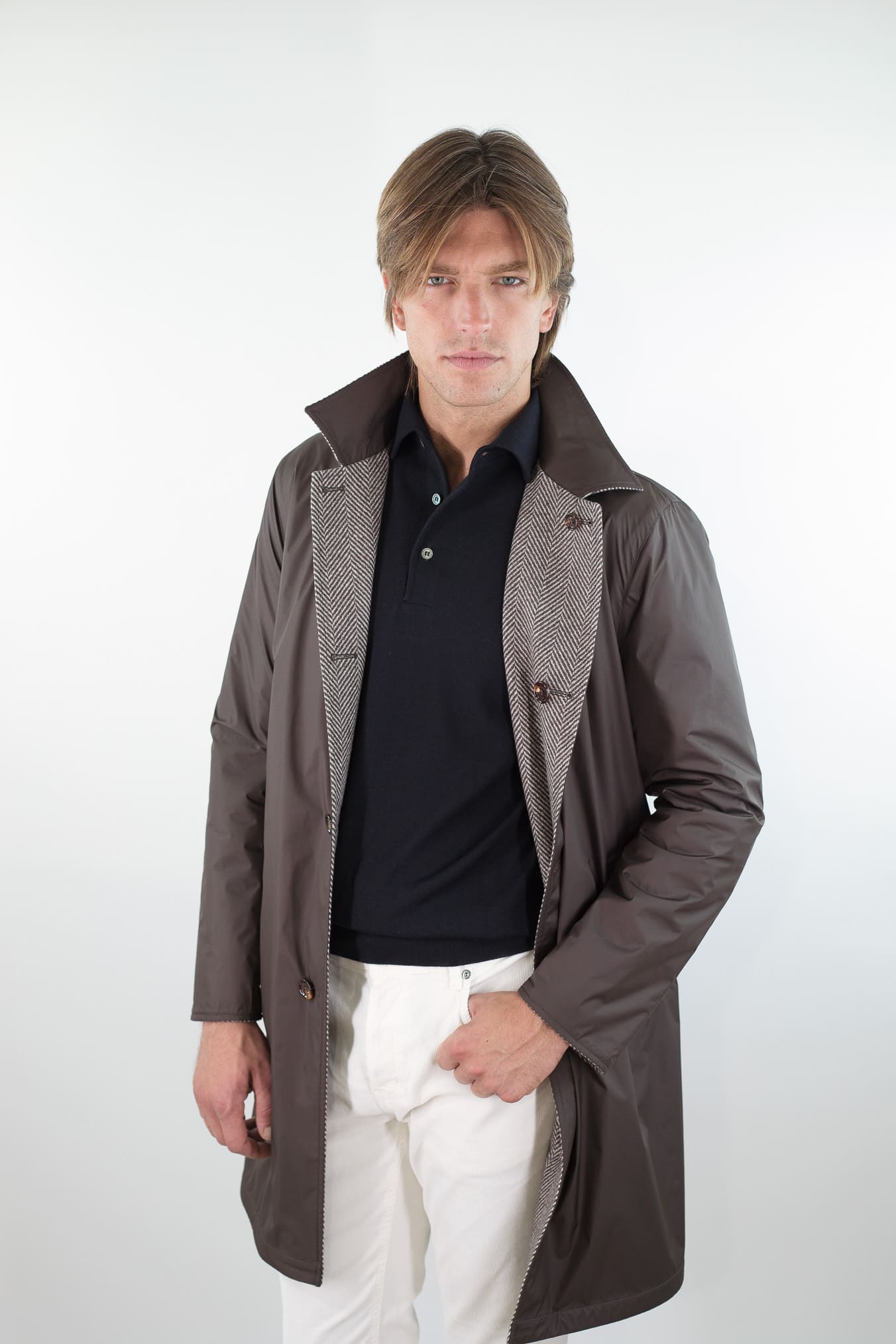 KIRED Cappotto Reversibile Spigato Impermeabile Marrone