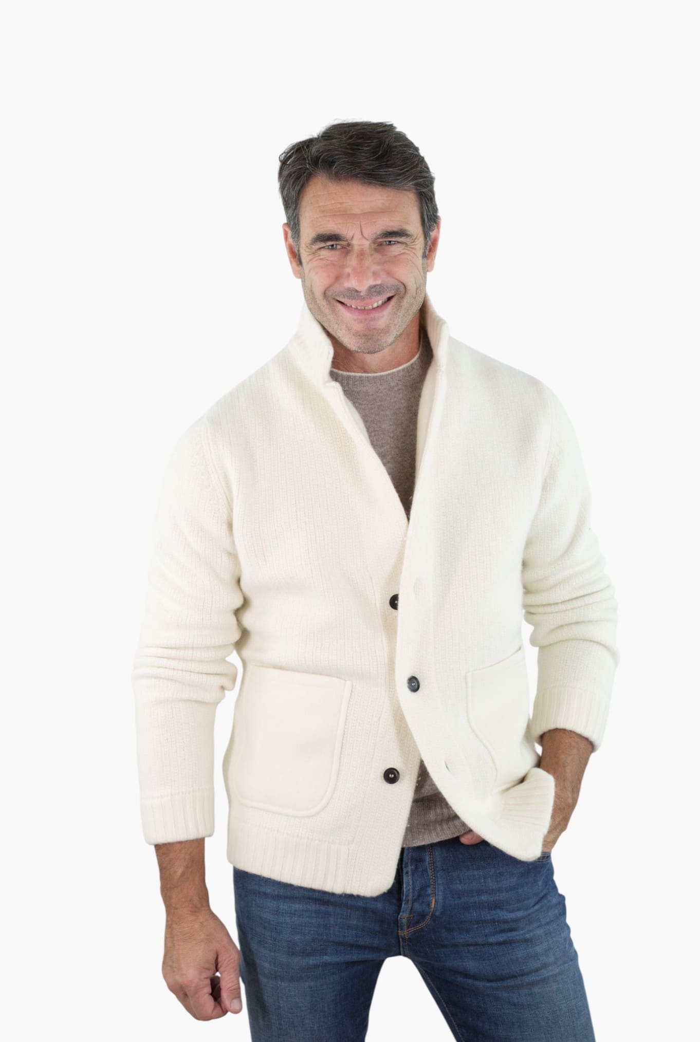 LUCIANO BARBERA Cardigan Lana Cashmere Bianco Panna