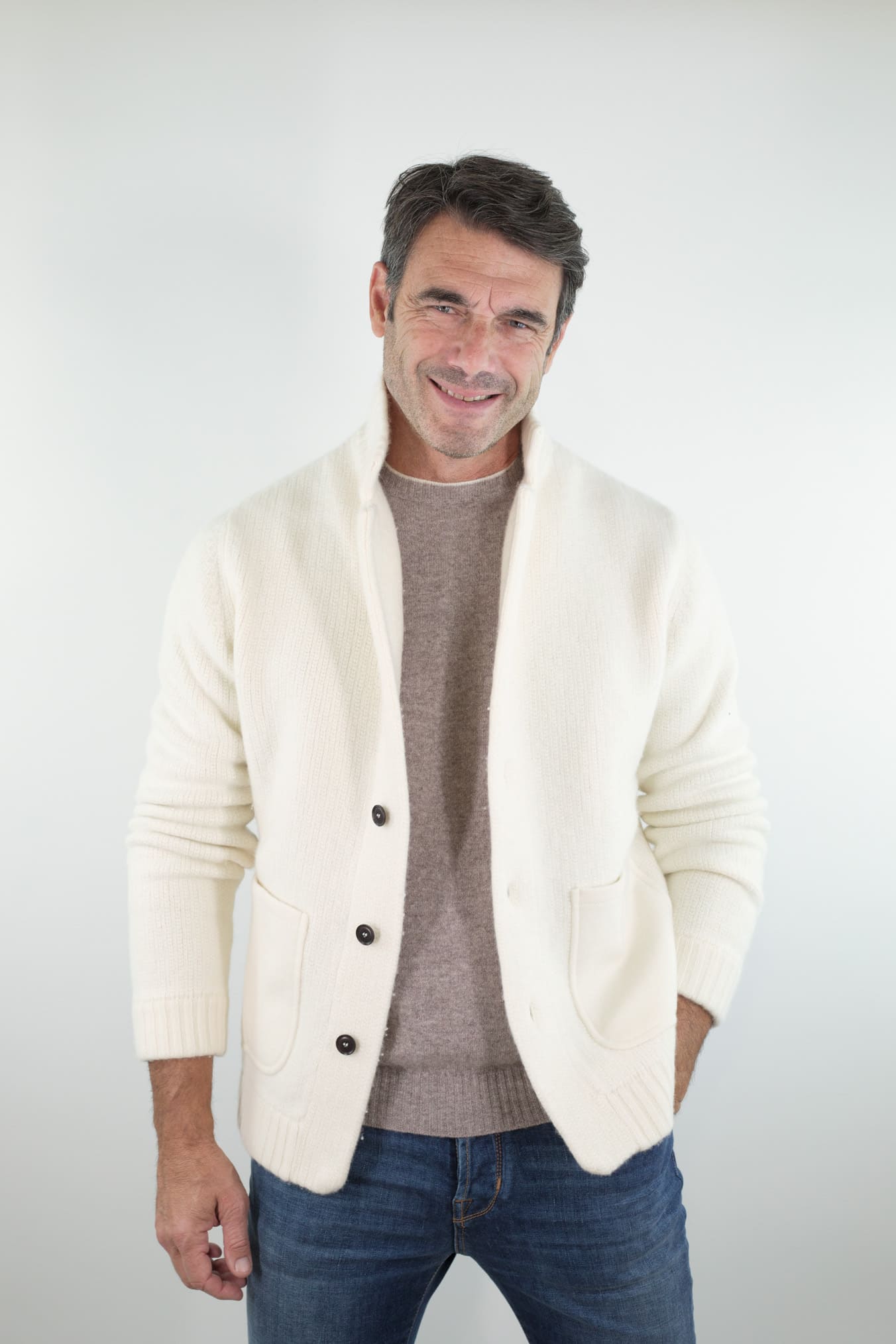 LUCIANO BARBERA Cardigan Lana Cashmere Bianco Panna