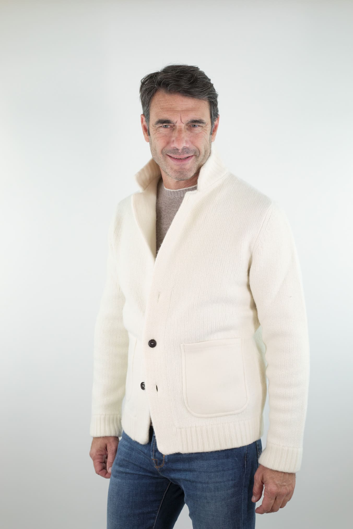 LUCIANO BARBERA Cardigan Lana Cashmere Bianco Panna