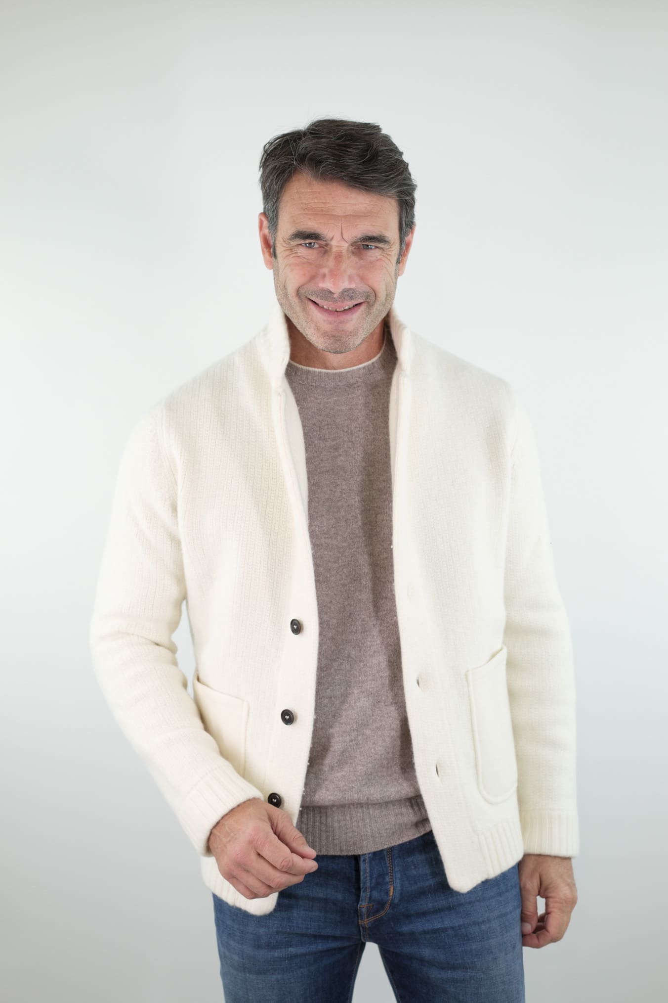LUCIANO BARBERA Cardigan Lana Cashmere Bianco Panna