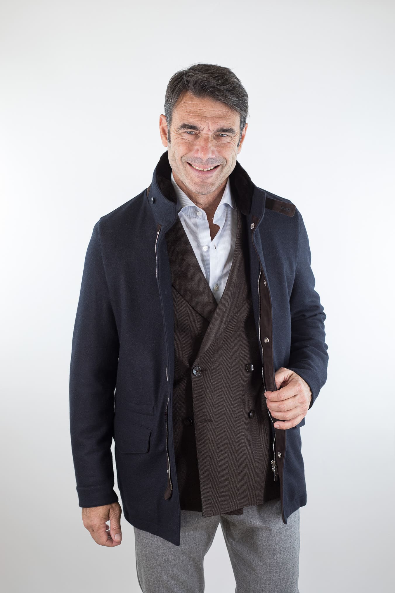 MANDELLI Giaccone Cashmere Blu Collo Visone Removibile