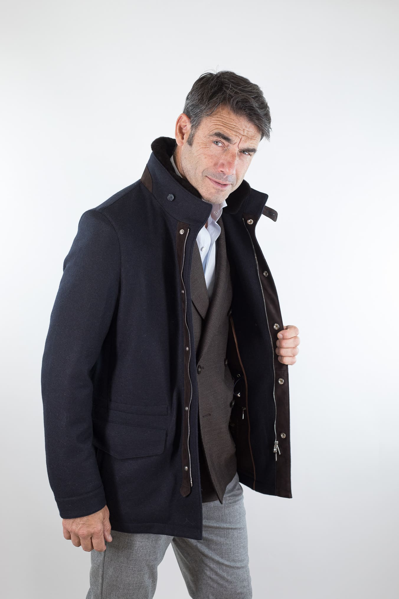 MANDELLI Giaccone Cashmere Blu Collo Visone Removibile