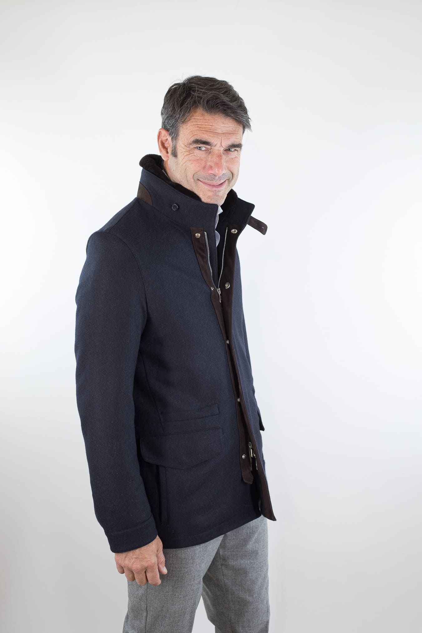 MANDELLI Giaccone Cashmere Blu Collo Visone Removibile