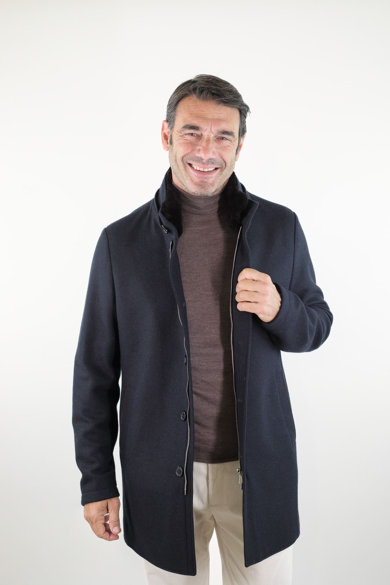 MANDELLI Cappotto Jersey Cashmere Visone Cappuccio Blu