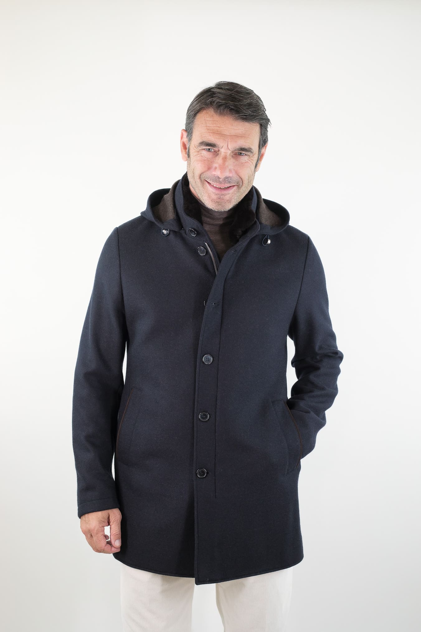 MANDELLI Cappotto Jersey Cashmere Visone Cappuccio Blu